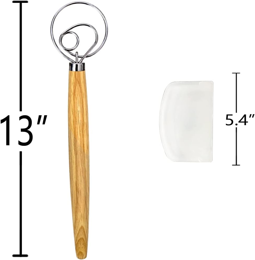 Danish Dough Whisk, Dutch Style Bread Whisk For Sourdough Cooking Kitchen with Stainless Steel Danish Sourdough Whisks Bread Mixer 13" and Dough Scraper