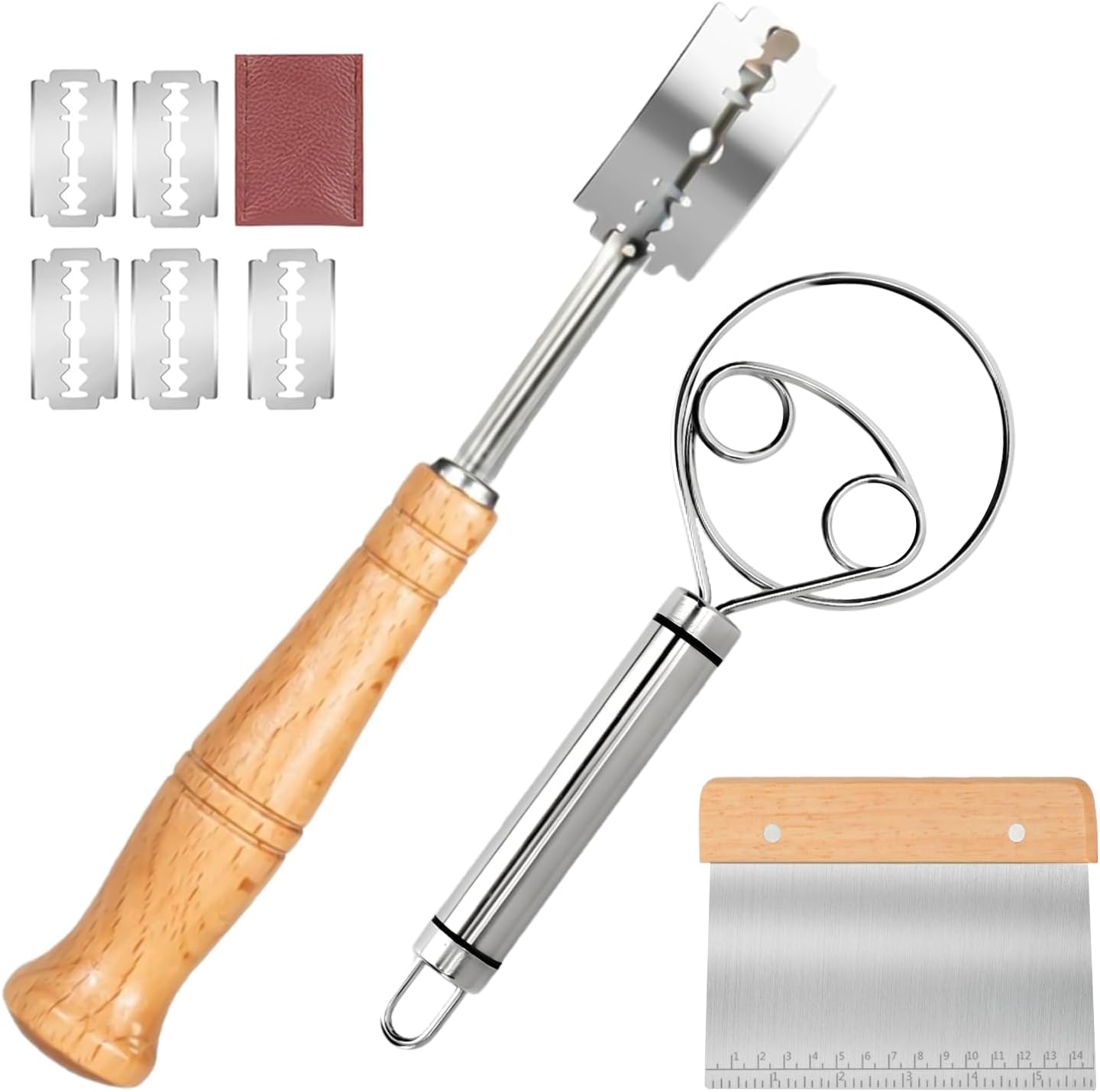 Hand Crafted Bread Lame Premium Sourdough Scoring Tool Bread Making Tools Set of 3 pieces Bread Knife(5 Blades) with Danish Dough Whisk and Dough Scraper Bread Cutter