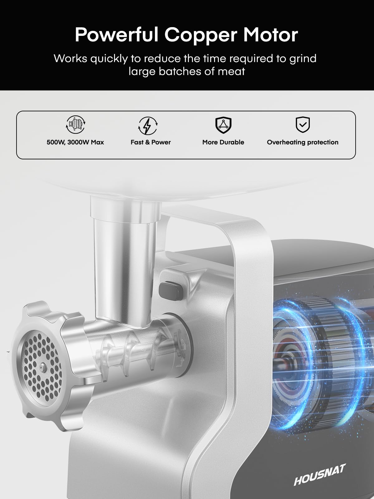 Maszynka do mięsa Heavy Duty, 3000 W Max Ultra Powerful, 5 w 1 HOUSNAT Wielofunkcyjna elektryczna maszynka do mięsa, nadziewarka do kiełbas, krajalnica/szatkownica/tarka, zestawy do robienia soków Kubbe i pomidorowych, do użytku w kuchni domowej