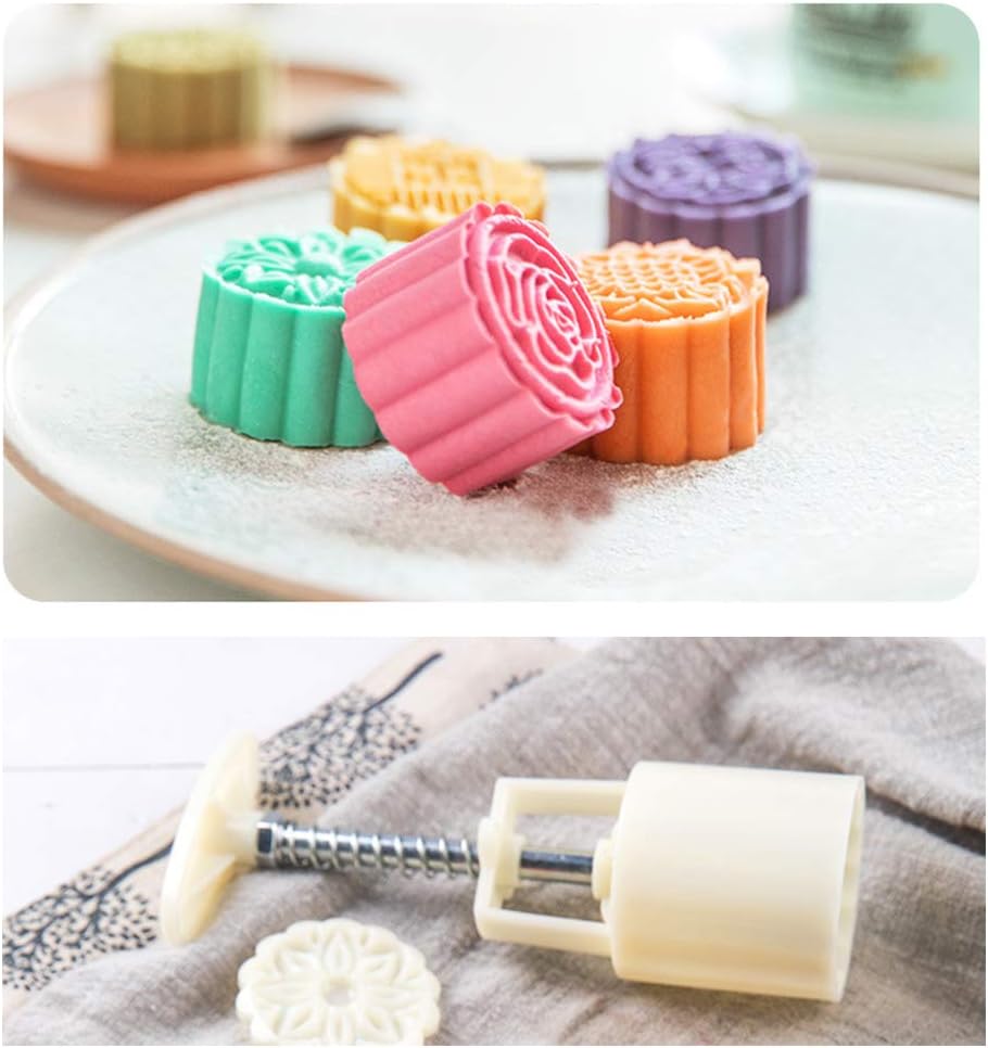 Moon Cake Mold 6 PCS, Mid Autumn Festival DIY Hand Press Cookie Stamps Pastry Tool Moon Cake Maker, Flower Mode Patterns 1 Mold 6 Stamps 50g (White).