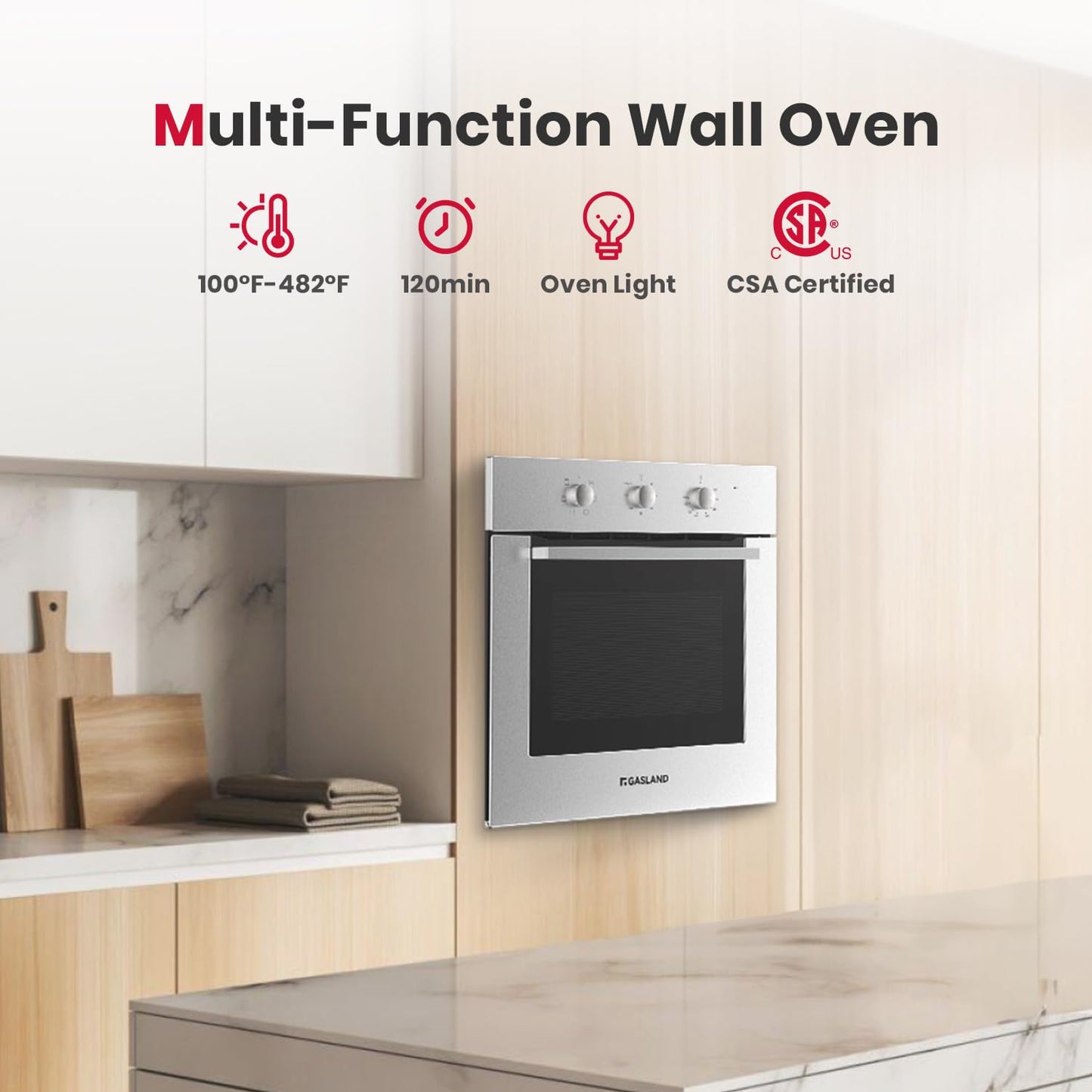 Piekarnik ścienny 24 cale, GASLAND ES606MS Wbudowane piekarniki elektryczne, 240 V 3240 W 2,3 stopy sześcienne 5 funkcji gotowania Piekarnik ścienny, zatwierdzony przez CSA, stal nierdzewna