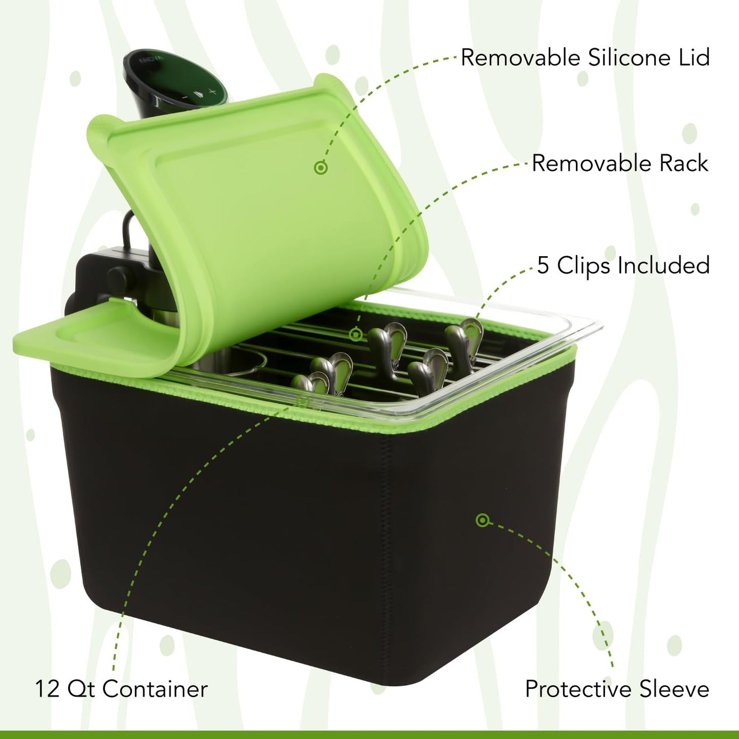 Pojemnik Sous Vide 12 Qt kompatybilny z Anova Wszystkie modele, Breville Joule, Instant Pot Sous Vide Cooker, zawiera uniwersalną silikonową pokrywkę - zdejmowany stojak z 5 klipsami ze stali nierdzewnej - rękaw izolacyjny