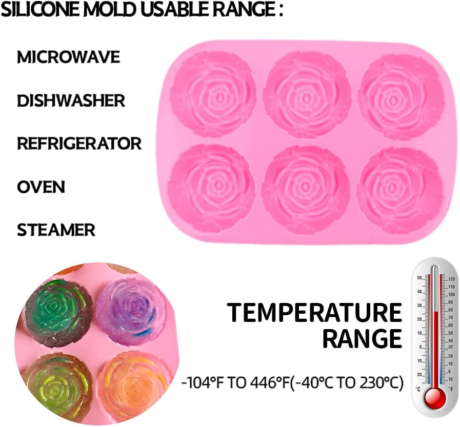 Silicone Mold for Handmade Soap Cake Jelly Pudding Chocolate 6 Cavity Rose Flower Design, Set of 2 Pink