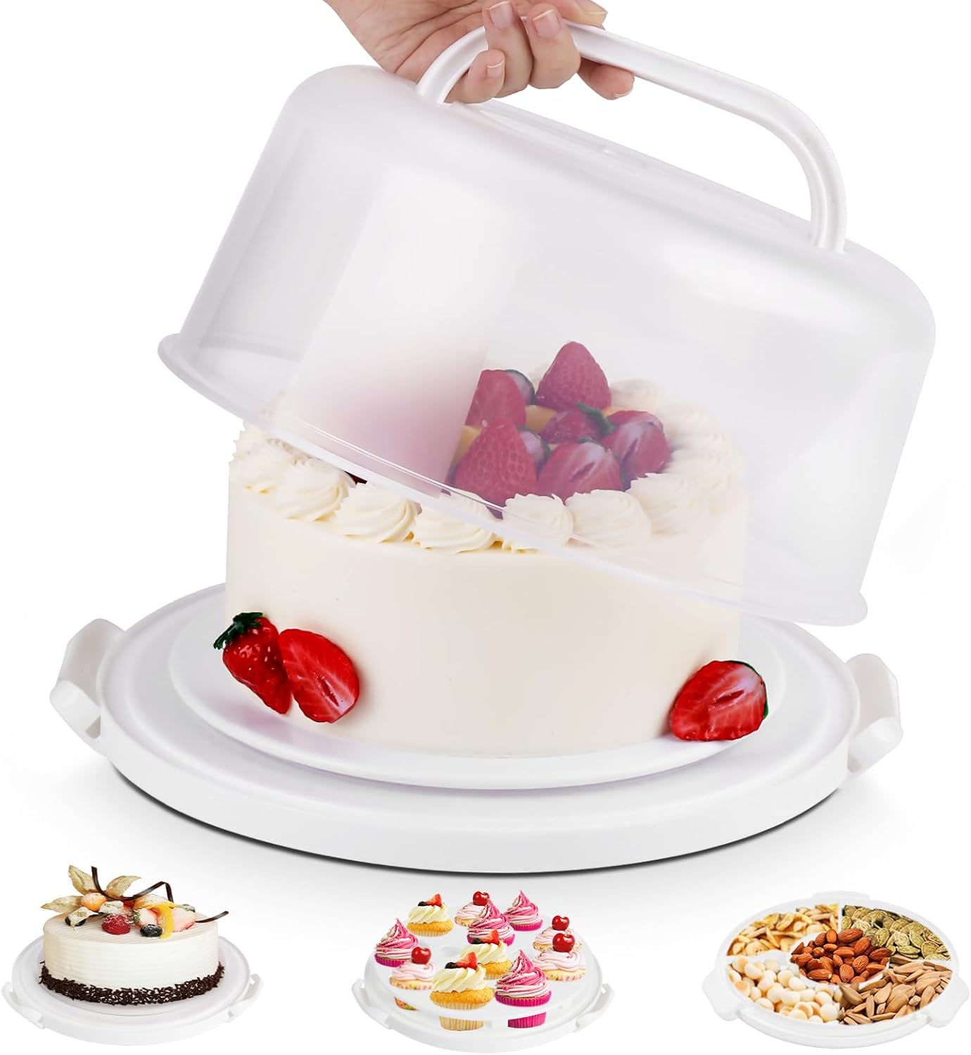 Cake Carrier with Lid and Handle, Multipurpose Cake Stand Fits 10 inch Cake, Cupcake Containers for 11 Cupcakes,Cake Holder Serves as Five Section Serving Tray, Portable Cake Carriers, White