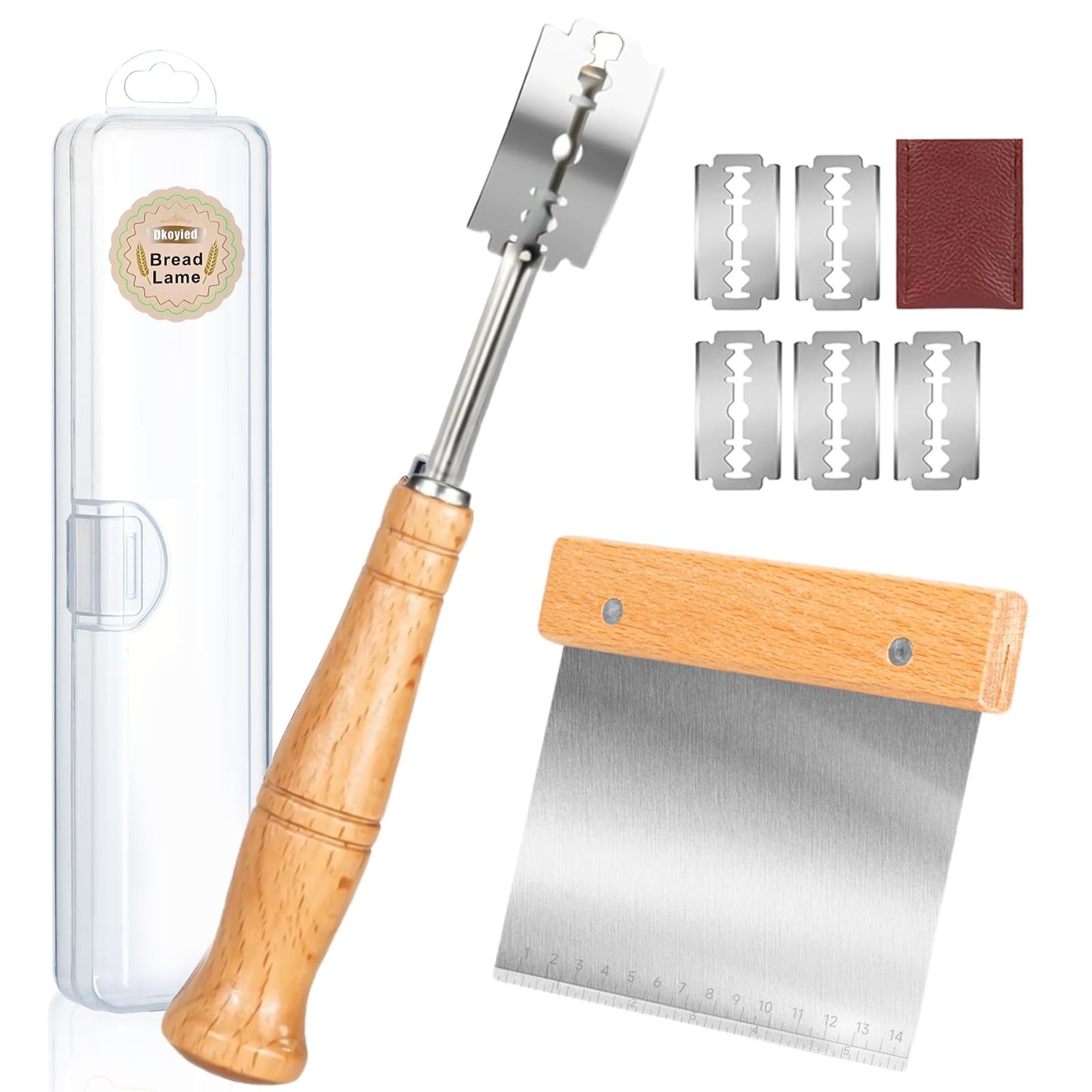 Hand Crafted Bread Lame Premium Sourdough Scoring Tool Bread Making Tools Set of 3 pieces Bread Knife(5 Blades) with Danish Dough Whisk and Dough Scraper Bread Cutter