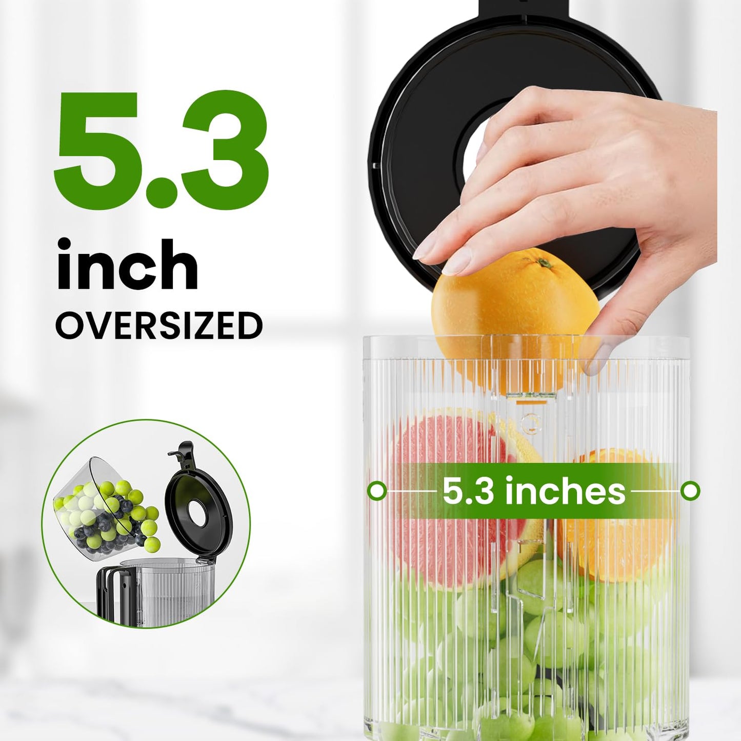 Masticating Juicer Machines, 5.3" Inch Feeding Chute Supports Whole Fruits and Vegetables,350W Slow Cold Press Juicer,Easy to Clean, Light-Stainless Steel