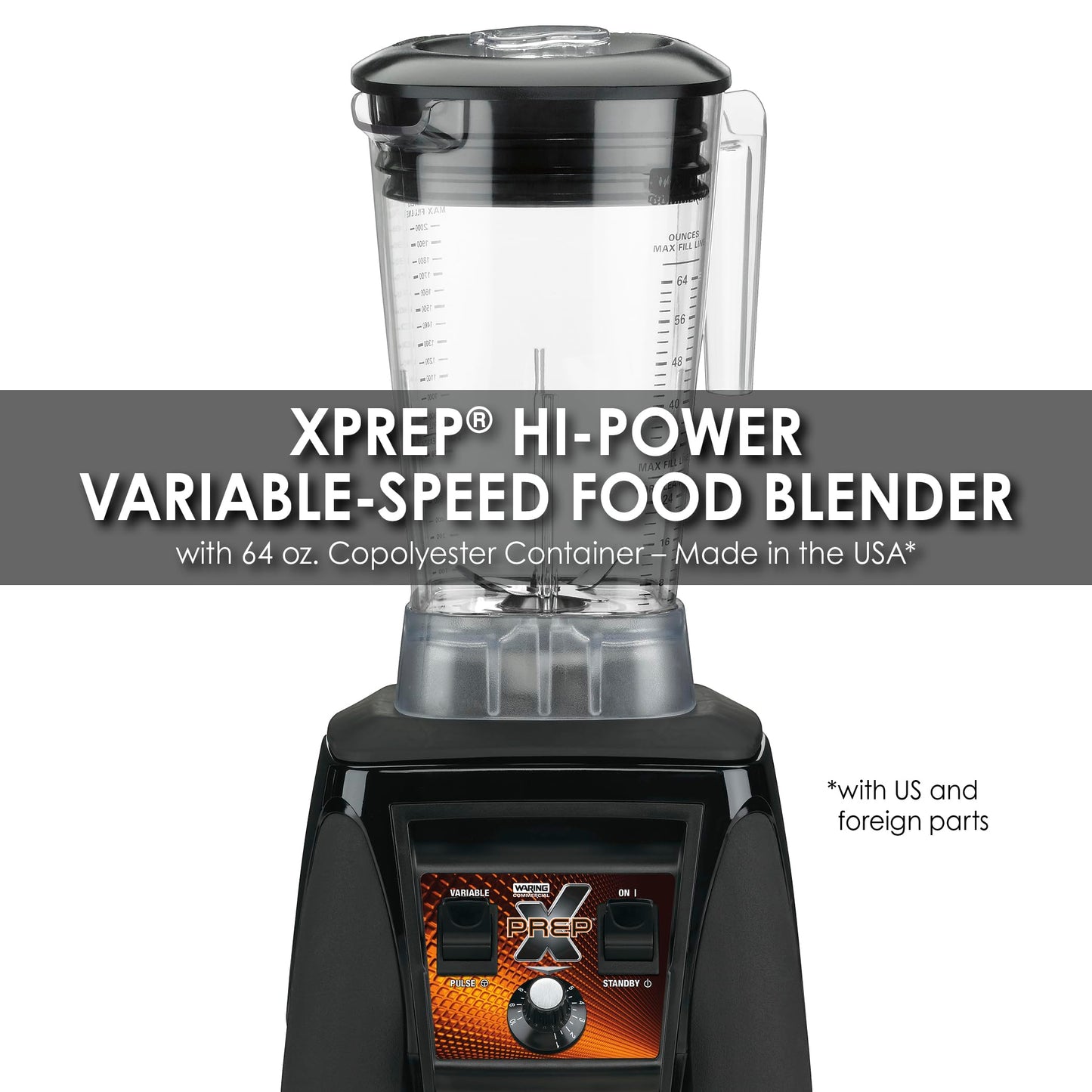 Blender Waring Commercial MX1200XTX o mocy 3,5 KM z pokrętłem do regulacji prędkości i pojemnikiem z kopoliestru wolnego od BPA o pojemności 64 uncji, 120 V, wtyczka 5-15 faz