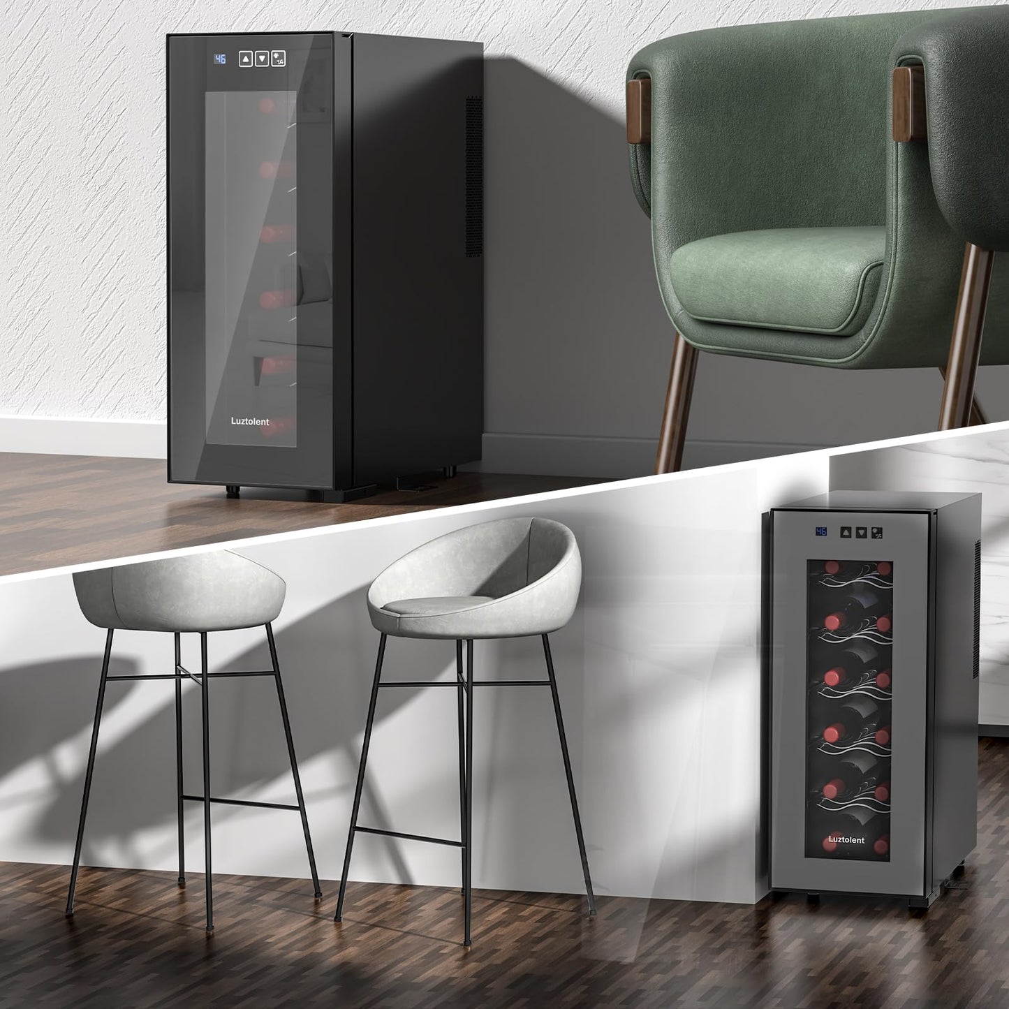 Luztolent 12 Bottles Wine Fridge, Wine Cooler Refrigerator, 46-66℉ Digital Temperature Control & Double-chip Cooling System, 38dB Low Noise, Small Fridge for Kitchen, Condo, RV