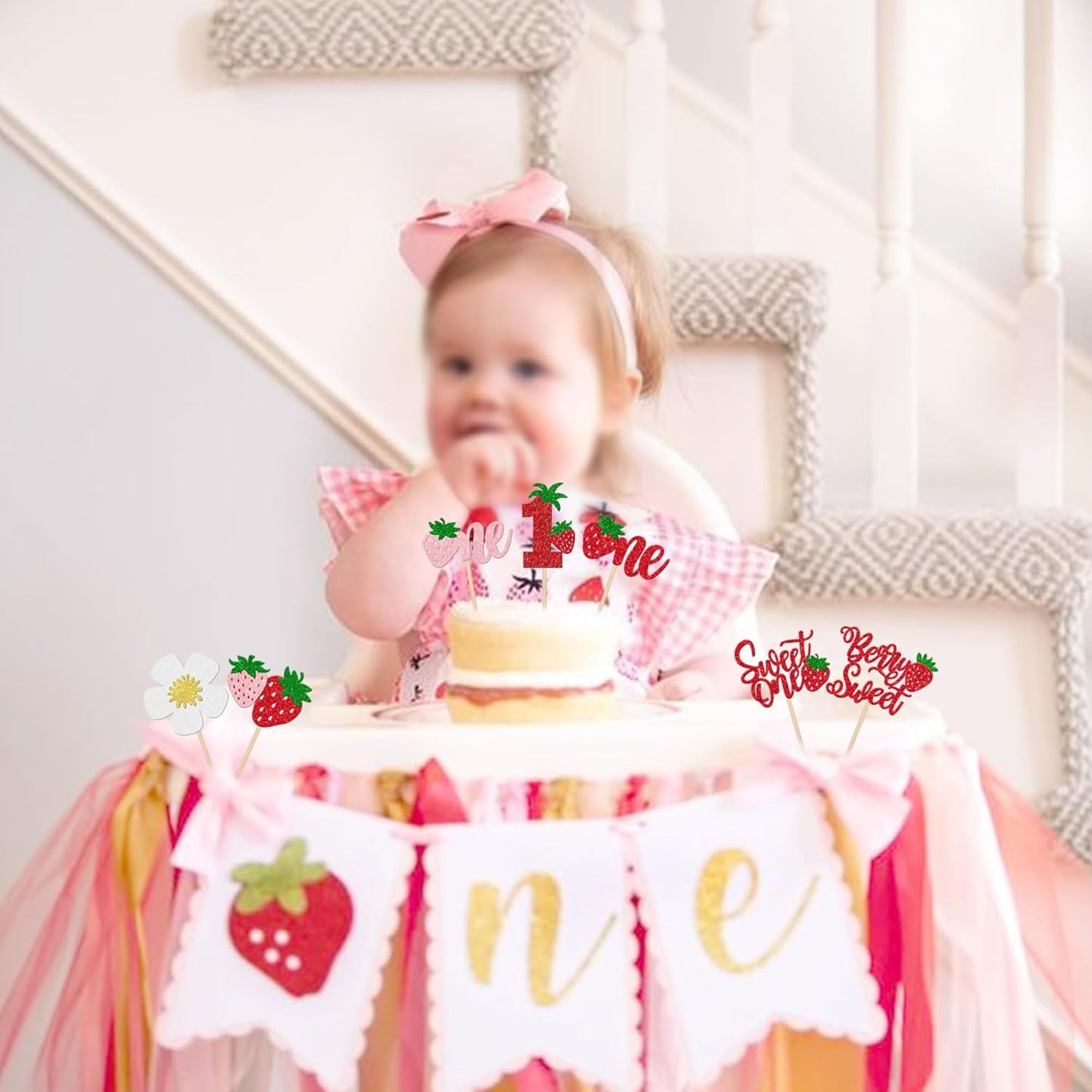 30 PCS Sweet One Strawberry Cupcake Toppers Glitter Sweet Berry 1st Birthday Cupcake Picks Strawberry Birthday Decorations for Baby Shower Kids First Birthday Party Cake Decorations Supplies