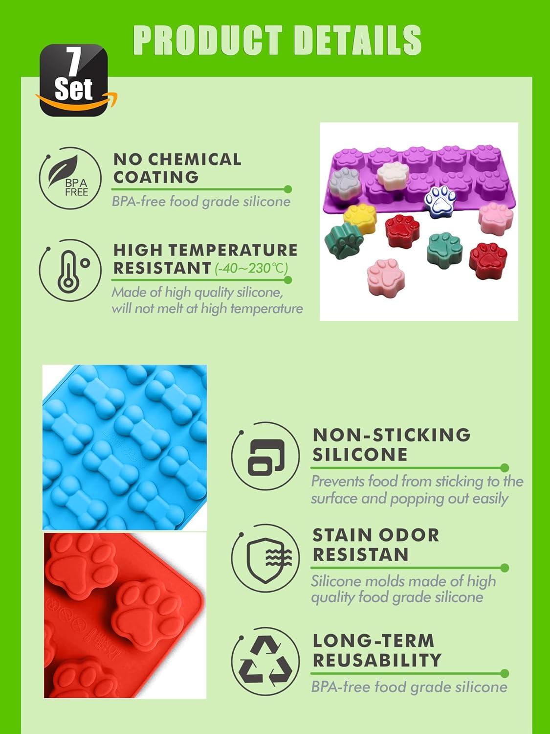 Set of 7,4 Pieces Silicone Molds Puppy Dog Paw & Bone Shaped and 3 Pieces Stainless Steel Bone Cookie Cutter,for Homemade Treats and Cat Animal Paw Ice Candy Chocolate Baking Mold.