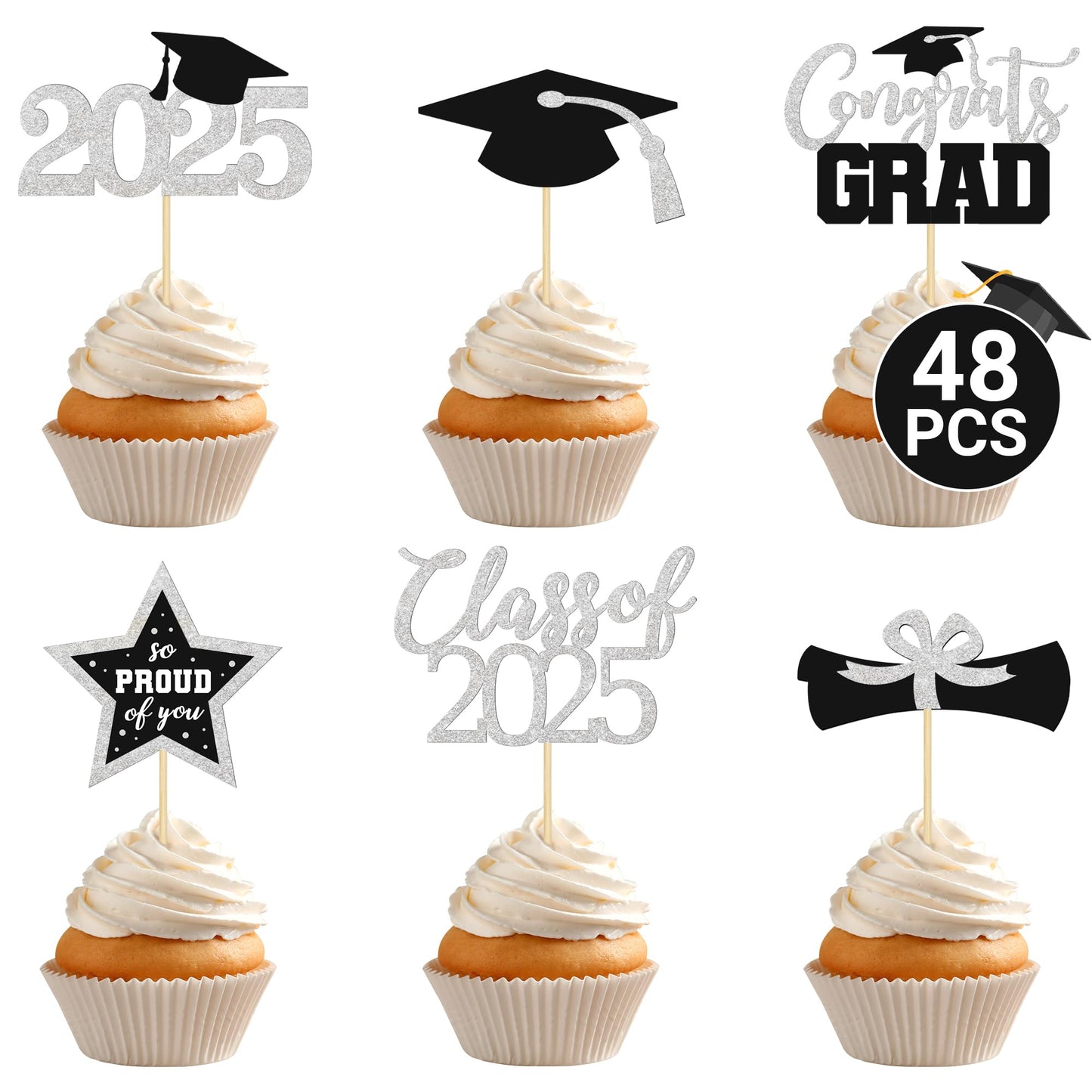 48 PCS Graduation Cupcake Toppers 2025, 6 Style Black and Gold Graduation Cake Toppers, Glitter Design Class of 2025 Toppers Grad Cupcake Picks, Disposable 2025 Graduation Decorations