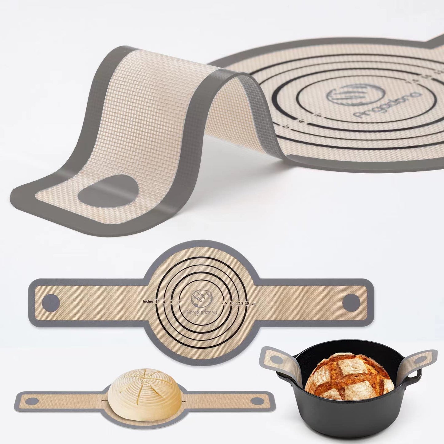 Silicone Bread Sling Dutch Oven - Best Japan Silicone Non-Stick & Easy Clean Reusable Baking Mat With Extra Long Handles, 2 Grey Set for Transferable Dough