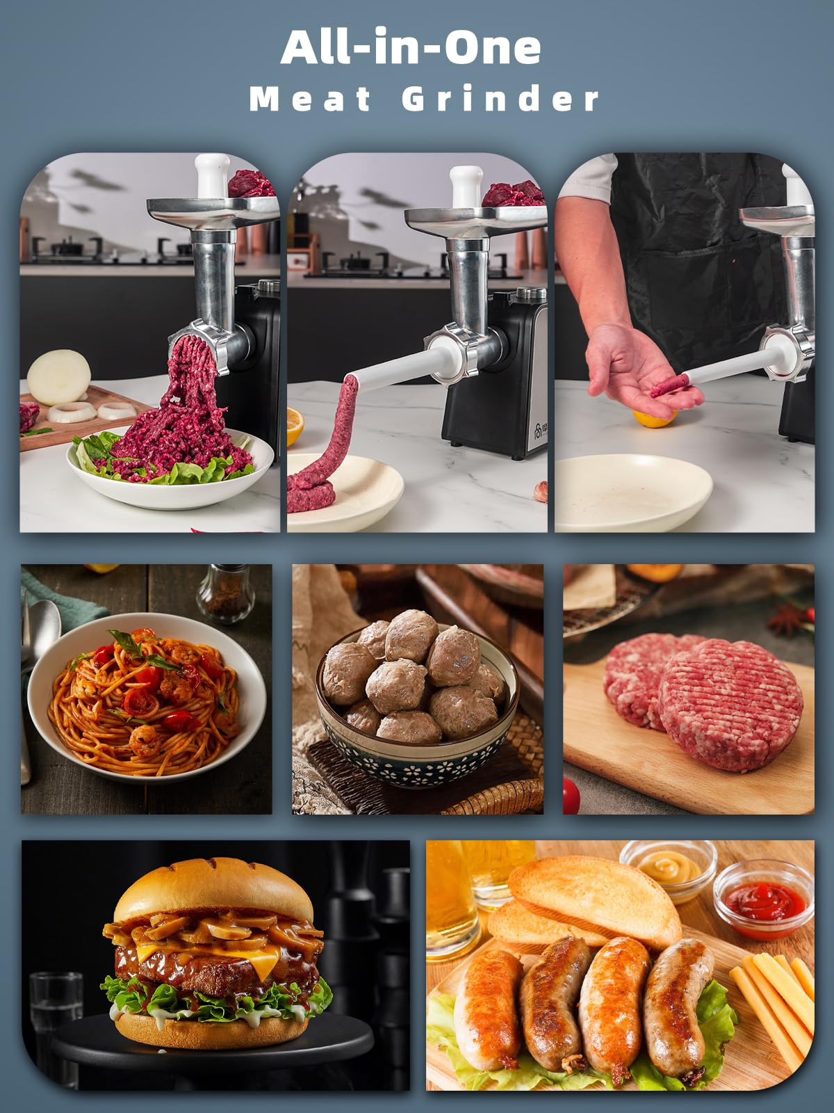 LOSRSWA 3200W Max Elektryczna Maszynka Do Mięsa i Nadziewarka Do Kiełbas - Wytrzymała Maszynka Do Mielenia z 2 Ostrzami I 3 Płytami, 3 Rurami i Zestawem Kubbe Do Użytku W Domowej Kuchni MG-S9