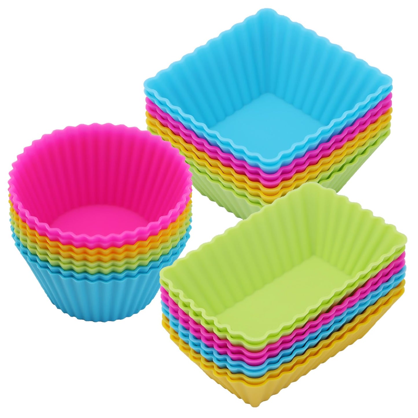 24Pack Silicone Muffin Cups, Reusable Cupcake Liners Molds for Baking, 3 Shapes Lunch Box Bento Dividers-Round, Square, and Rectangular (Neutral Colors, Regular Size)
