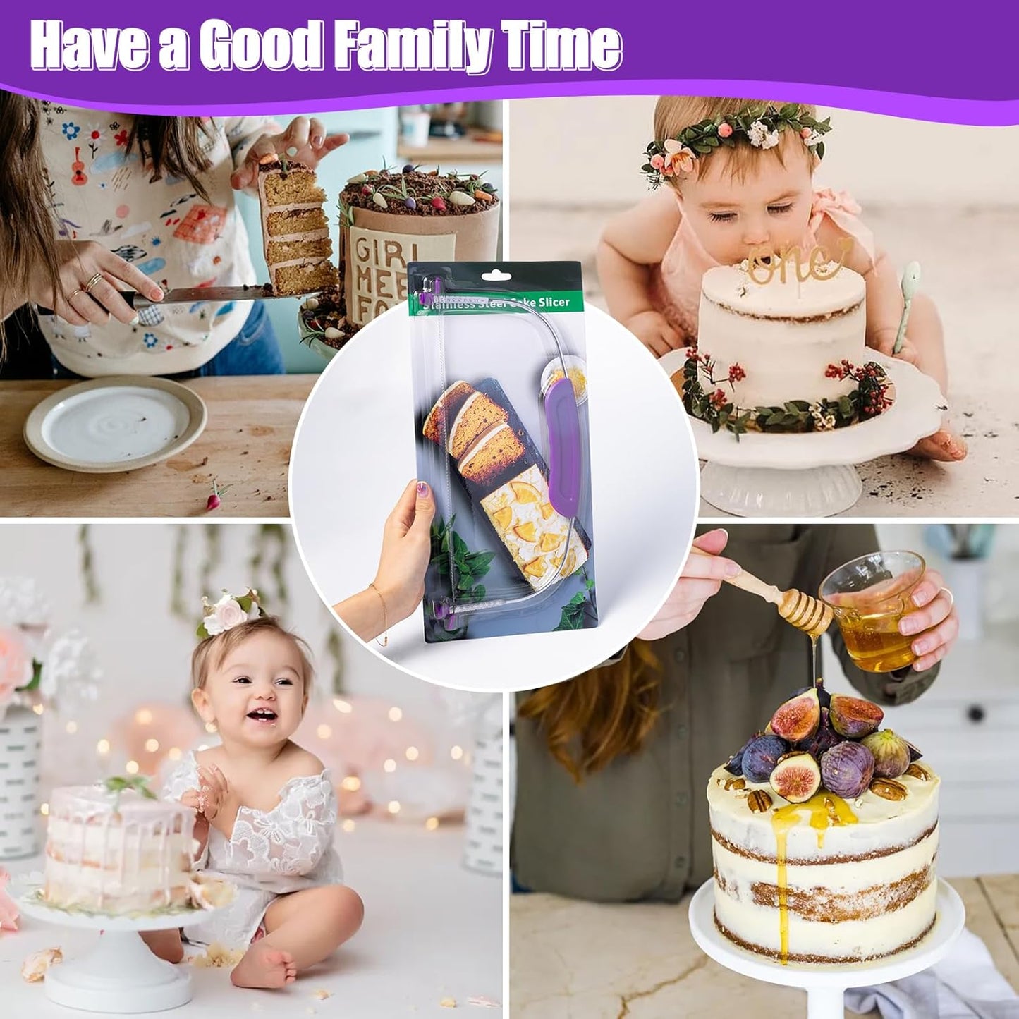 Adjustable Cake Leveler Cutter, Baking Supplies Tool for Kitchen, Professional Large Size Cake Cutter Slicer for Leveling, Single Stainless Steel Wire and Plastic Handle (Purple, 1pc)