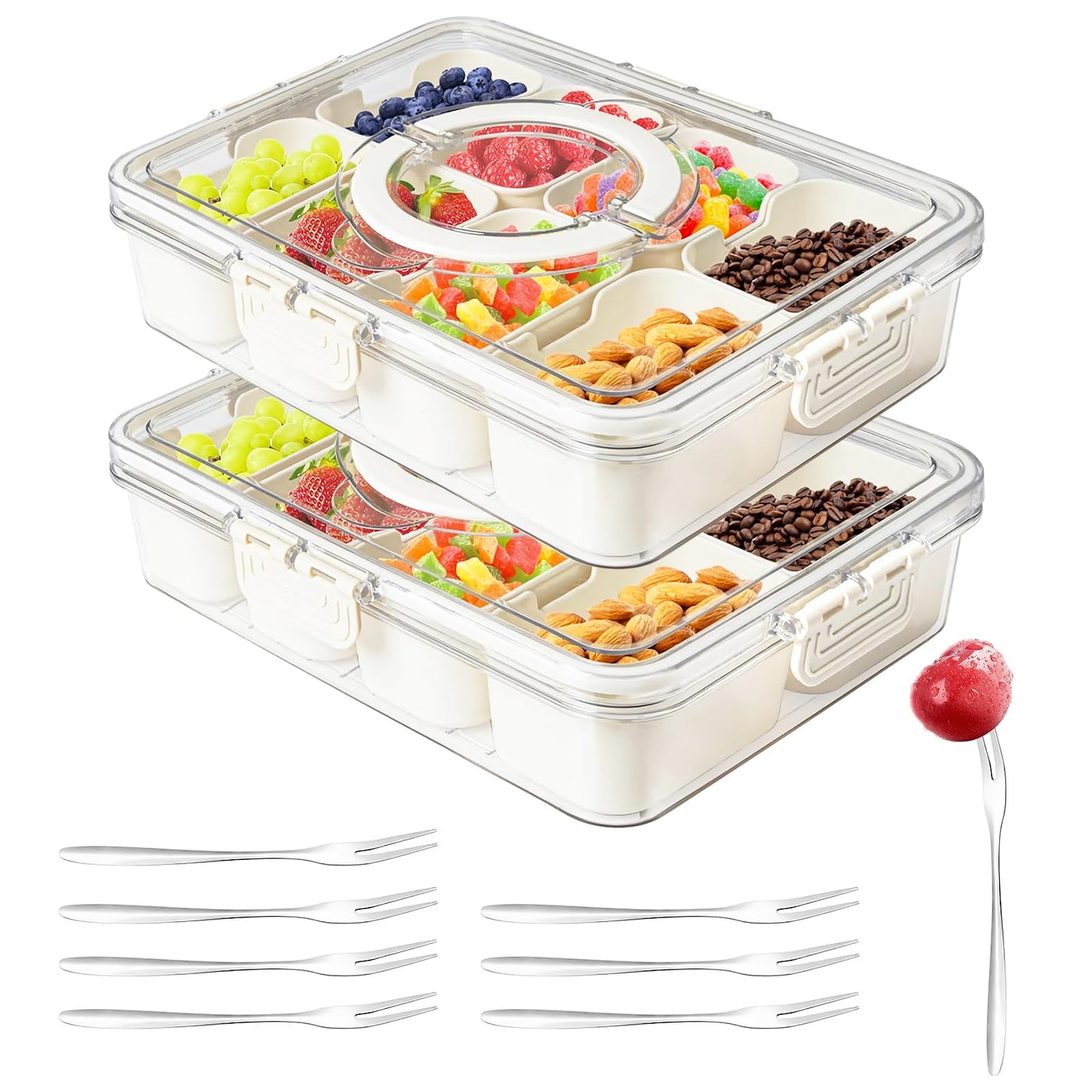 Snackle Box Container,Portable Snack Box 8 Compartment Divided Serving Tray with Lid and Handle,Clear Storage Organizer for Fruit Candy Nuts Veggie-Perfect for Road Travel Party(1 Pack)