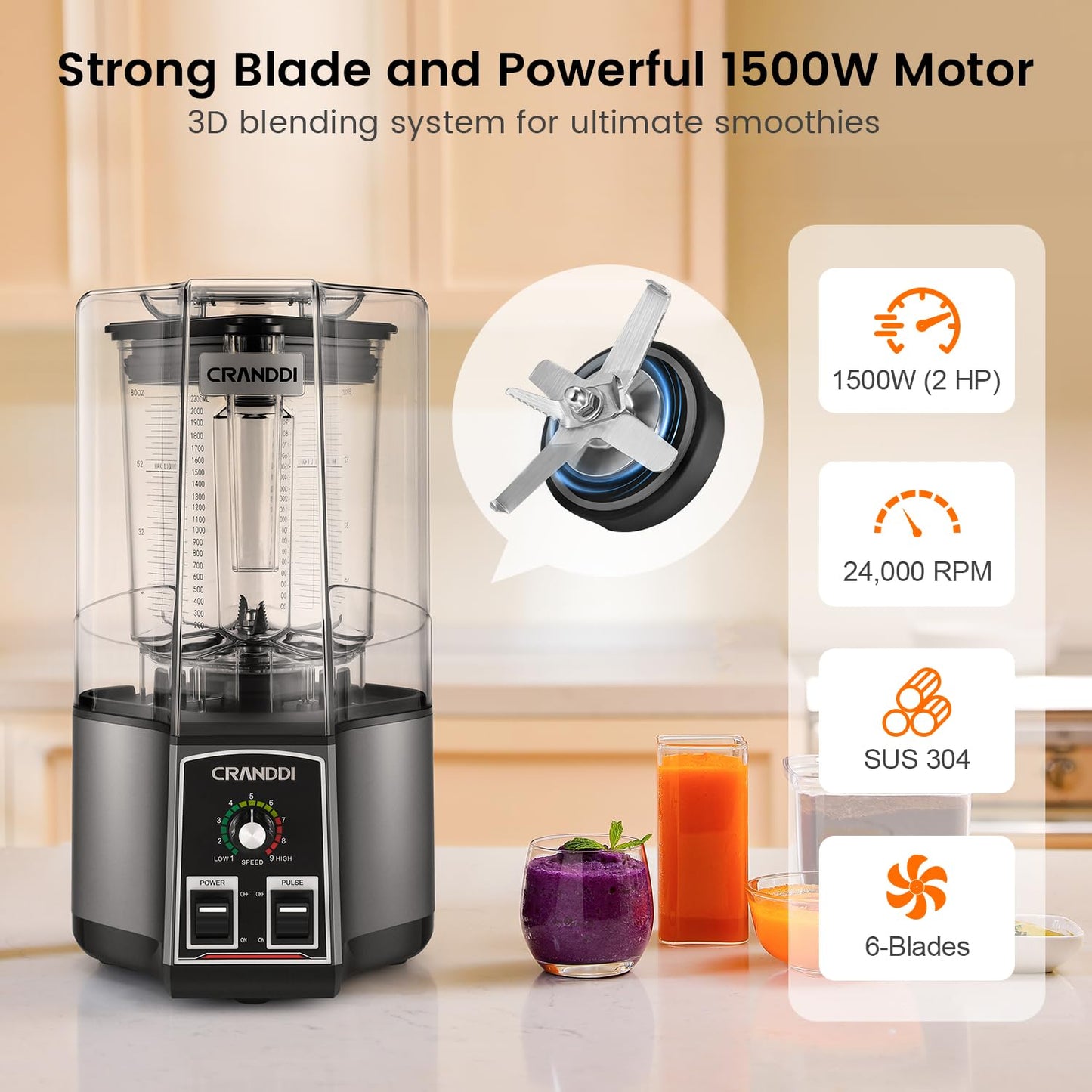 Blender komercyjny CRANDDI, blender retro z dzbankiem 80 uncji, duża pojemność i mała objętość, profesjonalny blender 1500 W, blendery do kuchni, samoczyszczący blender z funkcją pulsacyjną, K85