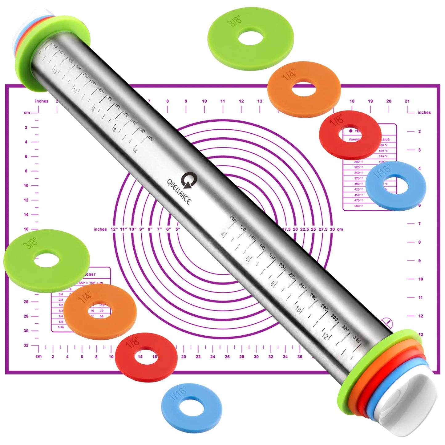 Rolling Pin and Pastry Baking Mat Set, Rolling Pins with Adjustable Thickness Rings, Stainless Steel Dough Roller for Baking Fondant, Pizza, Pie, Pastry, Pasta, Cookies (Red Mat)