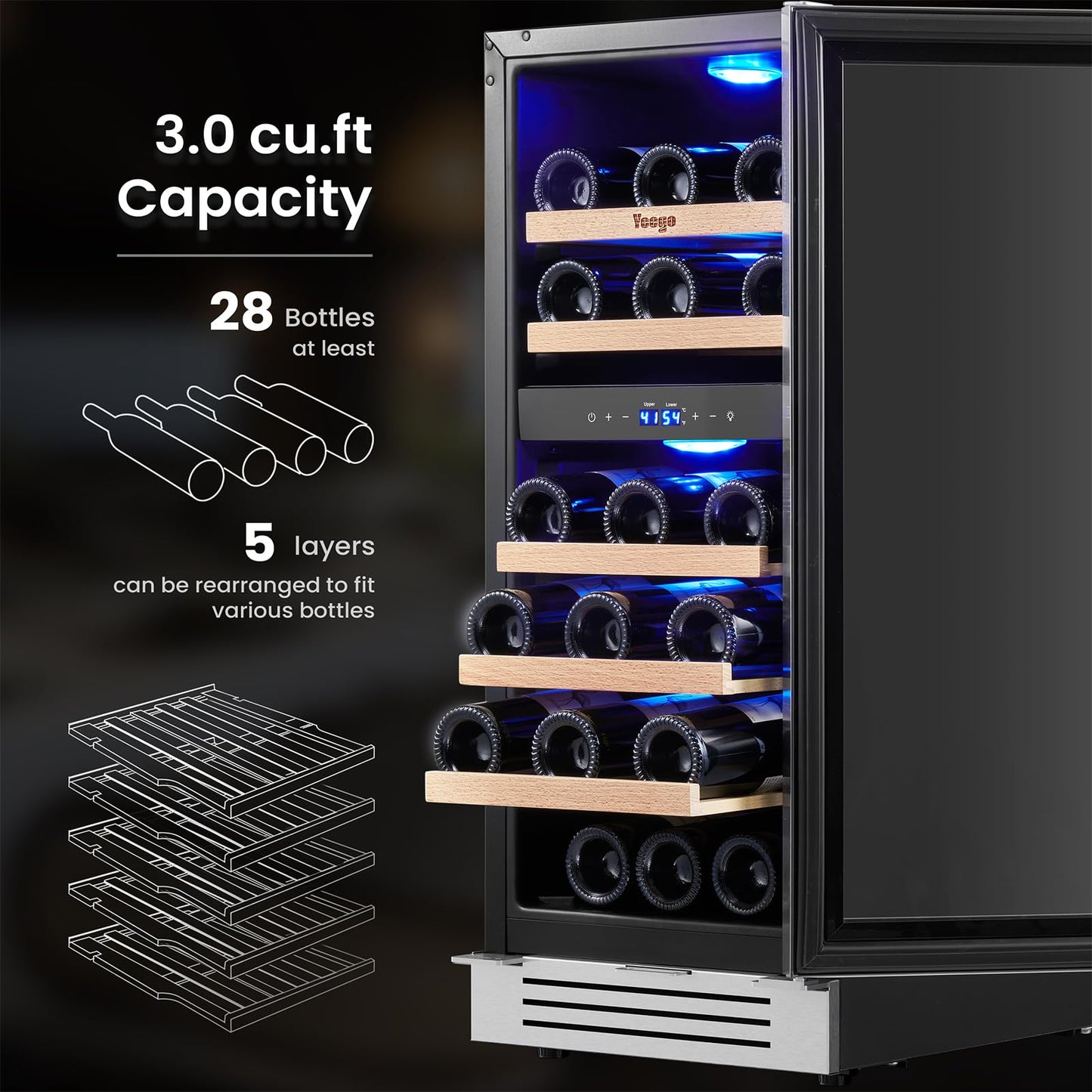 Yeego Wine Fridge Cooler - 15 Inch Dual Zone Wine Fridge Hold 28 Bottles, 40-65°F Wine Refrigerator Glass Door, Built in, Freestanding Under Counter Fridge Lockable for Beer Soda Drink Home Bar Office