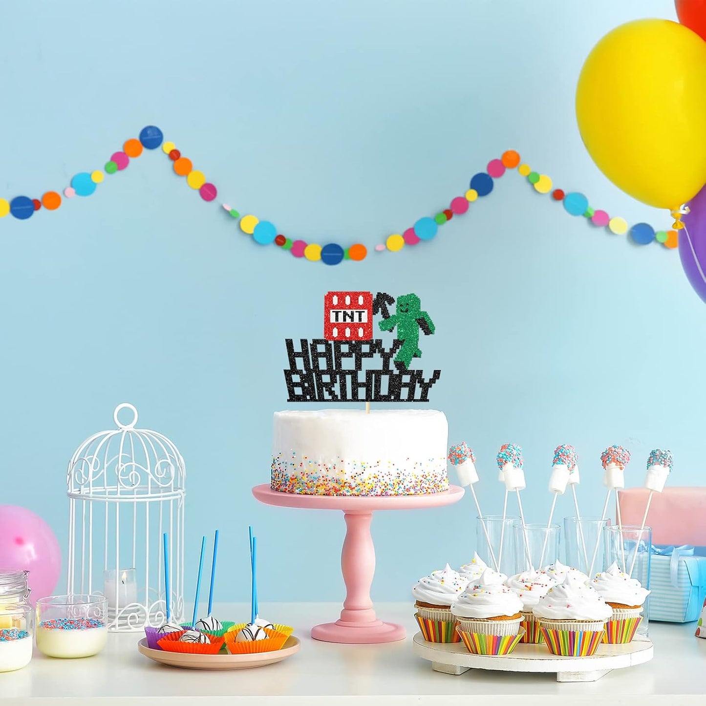 Happy Birthday Cake Topper, Pixel Style Cake Picks Decorations, Block Video Game Themed Cake Topper for Kids Boy and Girl, Black