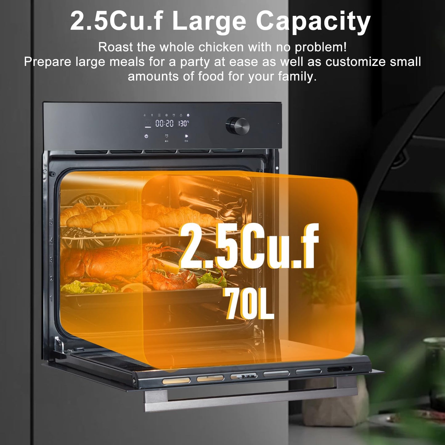 Piekarnik elektryczny ścienny TacleeKii 24" - 2,5 stopy sześciennej, 8 trybów pieczenia, smażenie na powietrzu, konwekcja 70 l, ogrzewanie 3D Surround, sterowanie dotykowe LED