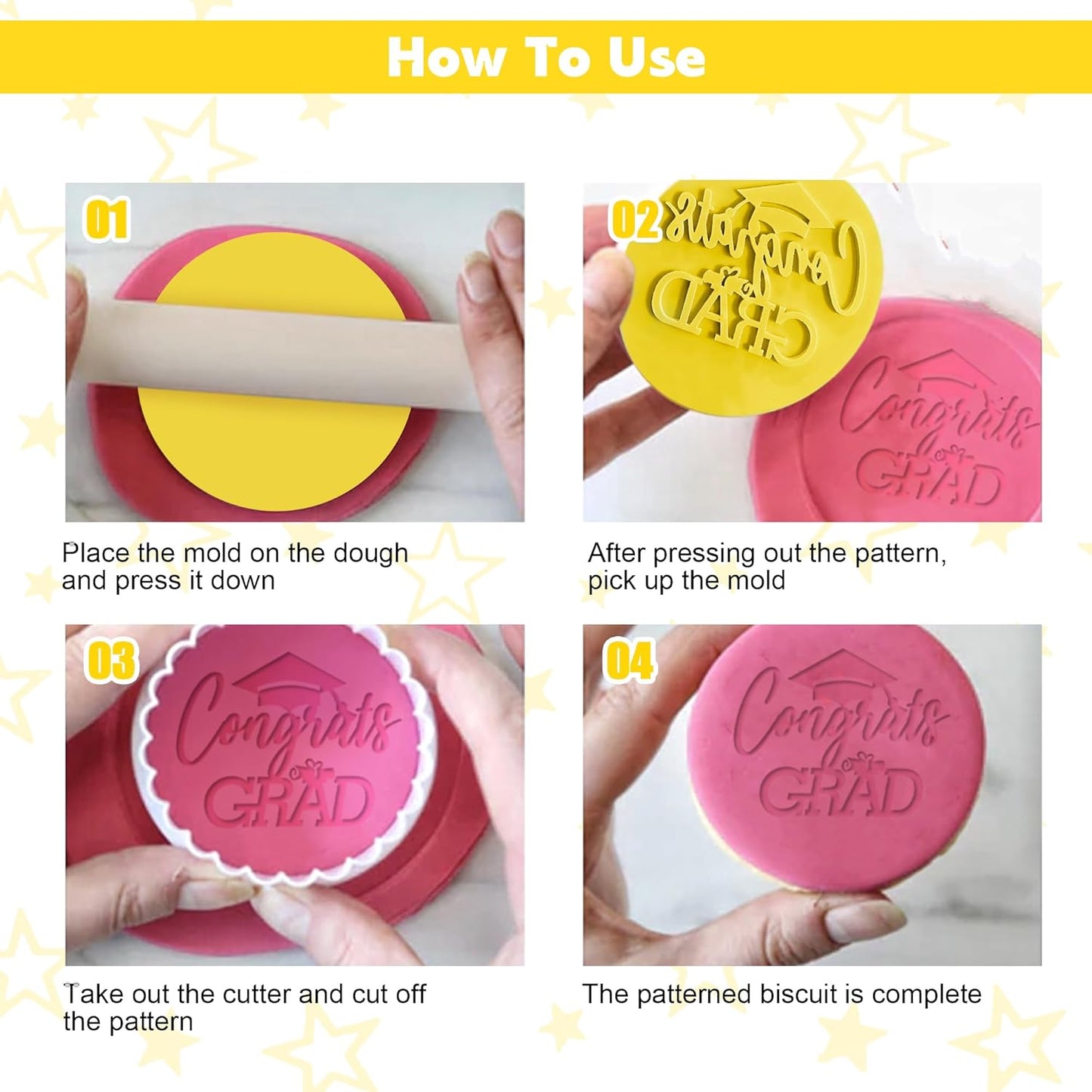 Graduation Fondant Stamp, Congrats Grad Cookie Stamp, 3D Raised Design Graduation Fondant Embosser for DIY Baking Cake Decorating Cookies Sugar Paste Cupcake Topper, 3.15inch, Yellow