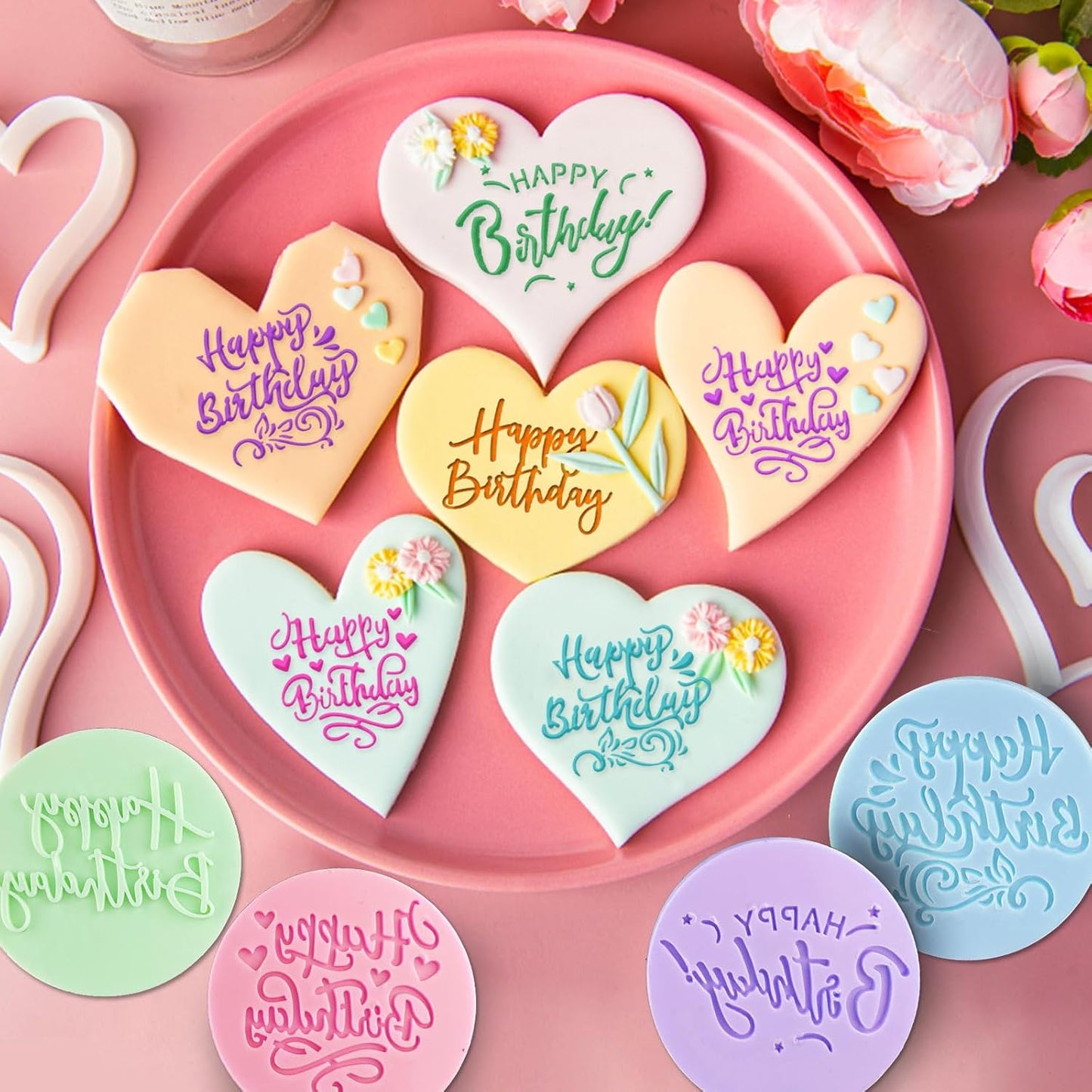 4Pcs Happy Birthday Fondant Embosser 3D Design Acrylic Mould Cookie Stamp, Cookie Cutters for DIY Baking Cake/Sugar Paste/Cupcake/Chocolate (3.15 inch, Random Colors)