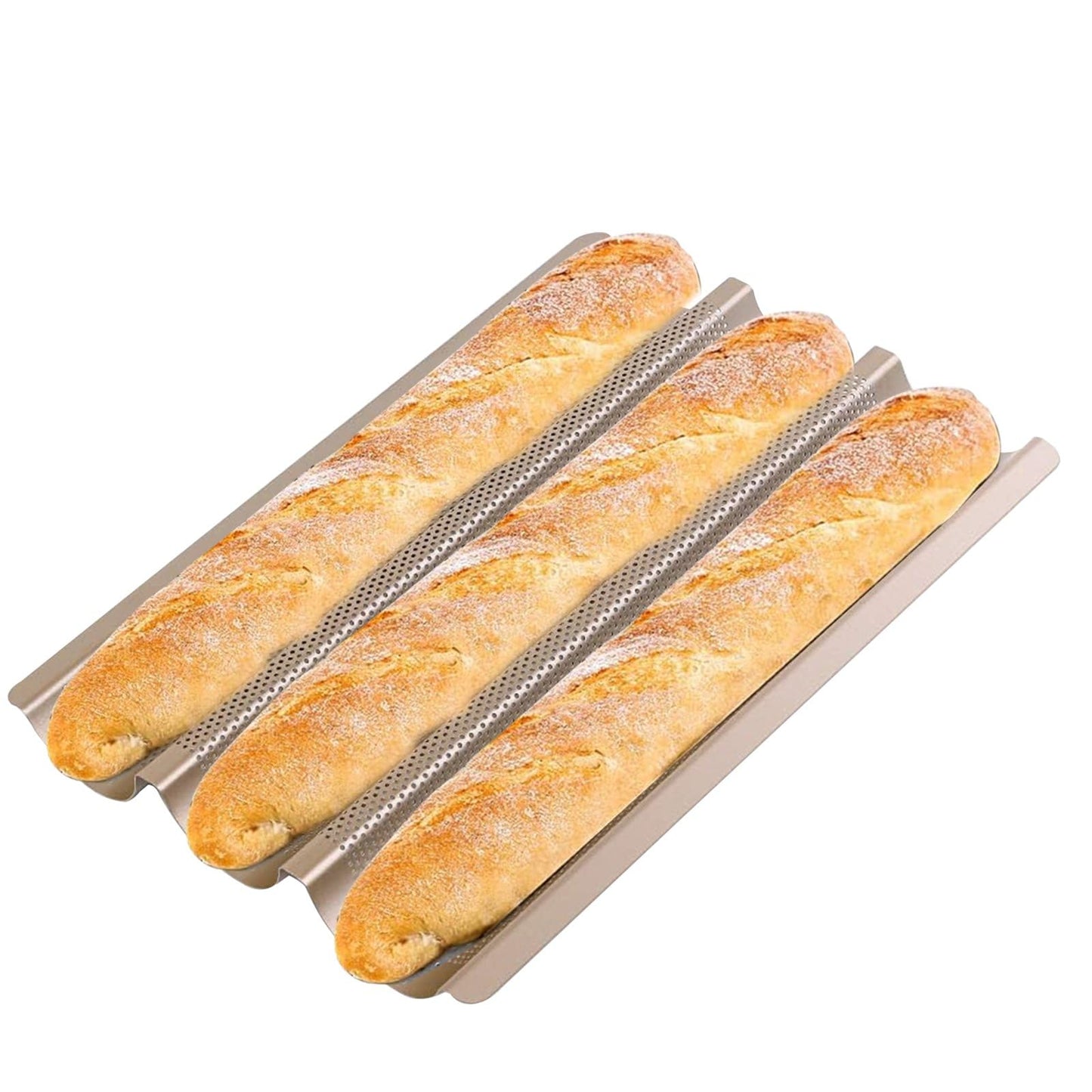 AMAGABELI GARDEN & HOME Baguette Bread Pan 15" x 13" Nonstick Perforated Baguette Tray French Bread Baking 4 Wave Loaf Bake Mold Toast Cooking Baker Molding Gutter Oven Toaster Dishwasher Safe Silver