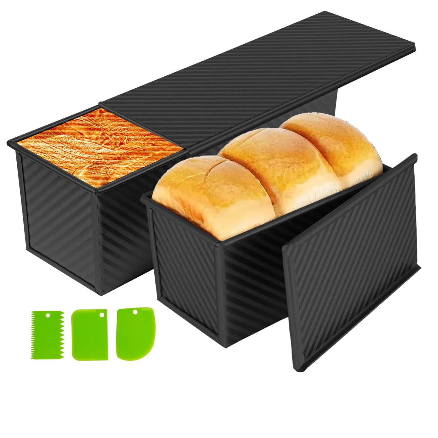 Upgrade Pullman Loaf Pan with Lid, Pullman Loaf Pan 2.2 LB/1 LB, 2 Pack Nonstick Sandwich Bread Pan, for Bread, Sandwiches, and Toast, Golden, Deep Side and Corrugated