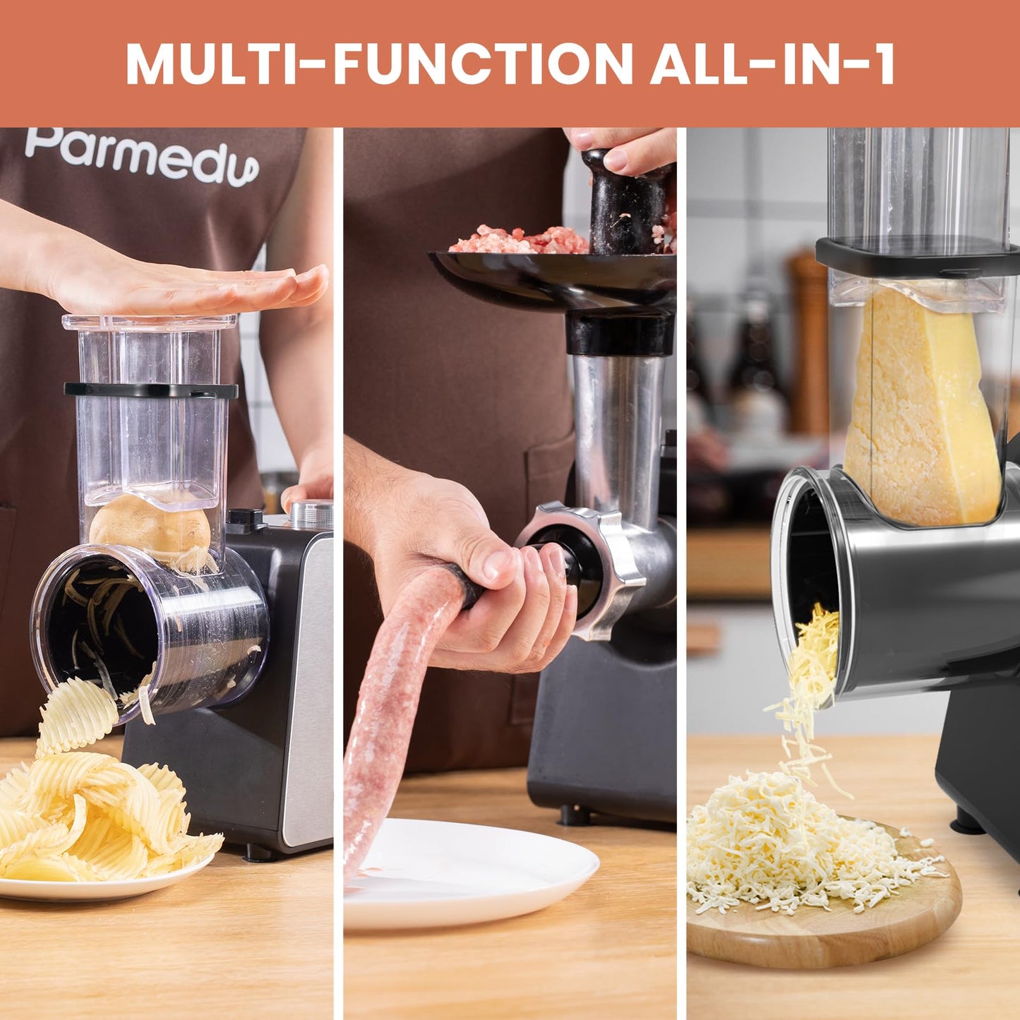 Parmedu Elektryczna Tarka do Sera i Maszynka Do Mięsa: 2 w 1 Krajalnica Do Warzyw Krajalnica Do Warzyw Rozdrabniacz Do Warzyw Siekacz Tarka Kuchenna Maszynka Do Sałatek Maszynka Do Mięsa Maszynka Do Kiełbas i Zestaw Do Kibbeh (Łącznie 12 Nakładek)