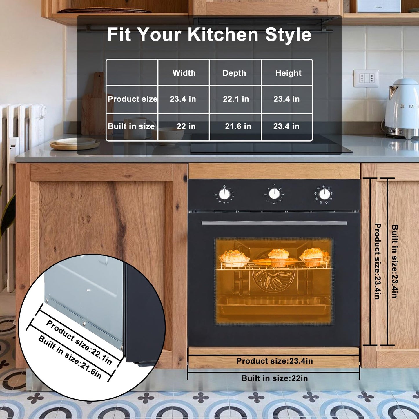 Ataucjin 24" Wall Built-In Electric Ovens,Single Wall Oven With Mechanical Knobs Control,8 Baking Modes,70L 3000W Ovens With Air Frying Function&Double-Layered Glass Door,3D Surround Heating