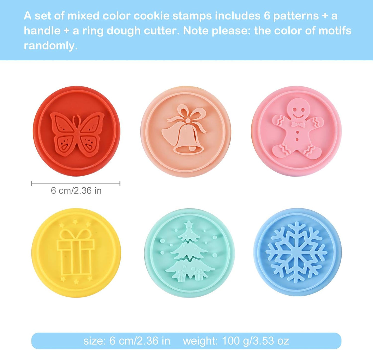 Cookie Stamp-a Set of 6 Colorful Silicone Cookie Stamp Press, Ring Cutter and Handle for Christmas and Daily Baking