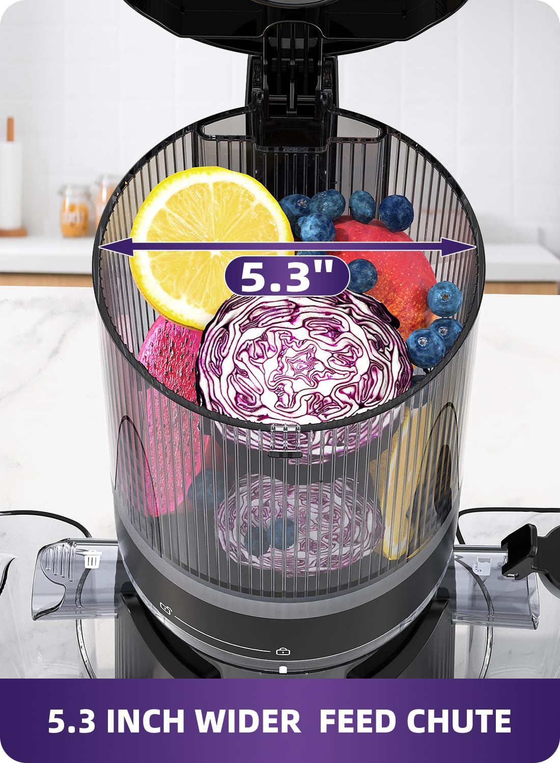 Wyciskarki do soku ACOQOOS, wyciskarka do soku na zimno, całe owoce i warzywa z 5,3" szerszym i większym otworem wsadowym (pojemność 1,8 l), łatwe do czyszczenia wyciskarki z 2 kubkami, wyciskarka ślimakowa czarna