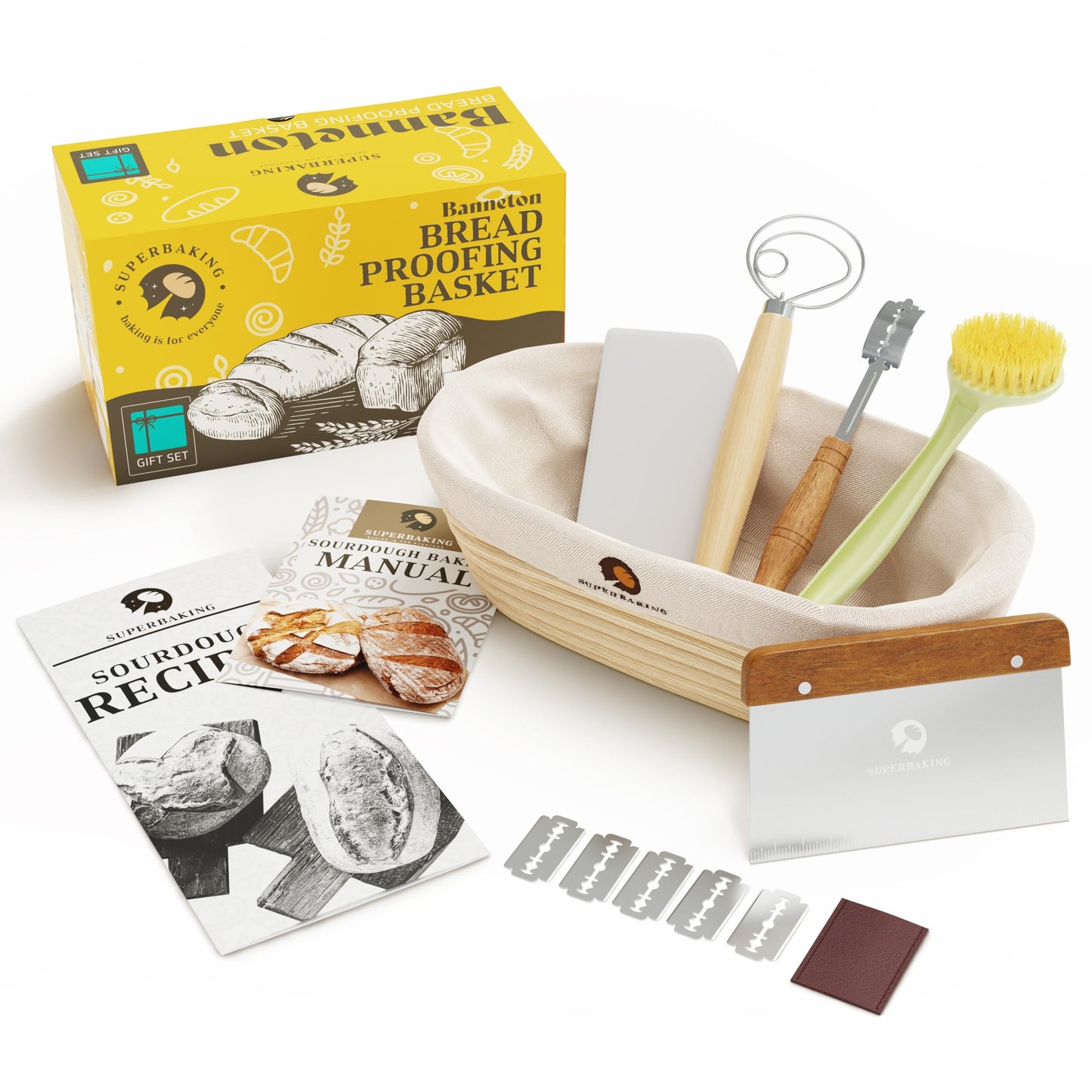 Superbaking Banneton Bread Proofing Basket, Sourdough Bread Baking Supplies, Round 9 Inch Sourdough Starter Kit, Proofing Basket for Baking, Bread Making Supplies Tools, Banneton Basket Gift Set