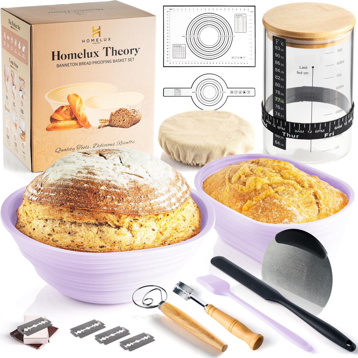 Sourdough Starter Kit, Silicone Banneton Bread Proofing Basket Set, Sourdough Bread Baking Supplies, Bread Making Kit for Sourdough Proofing with Bread Baking Bowl for Artisan Breads (Yellow)