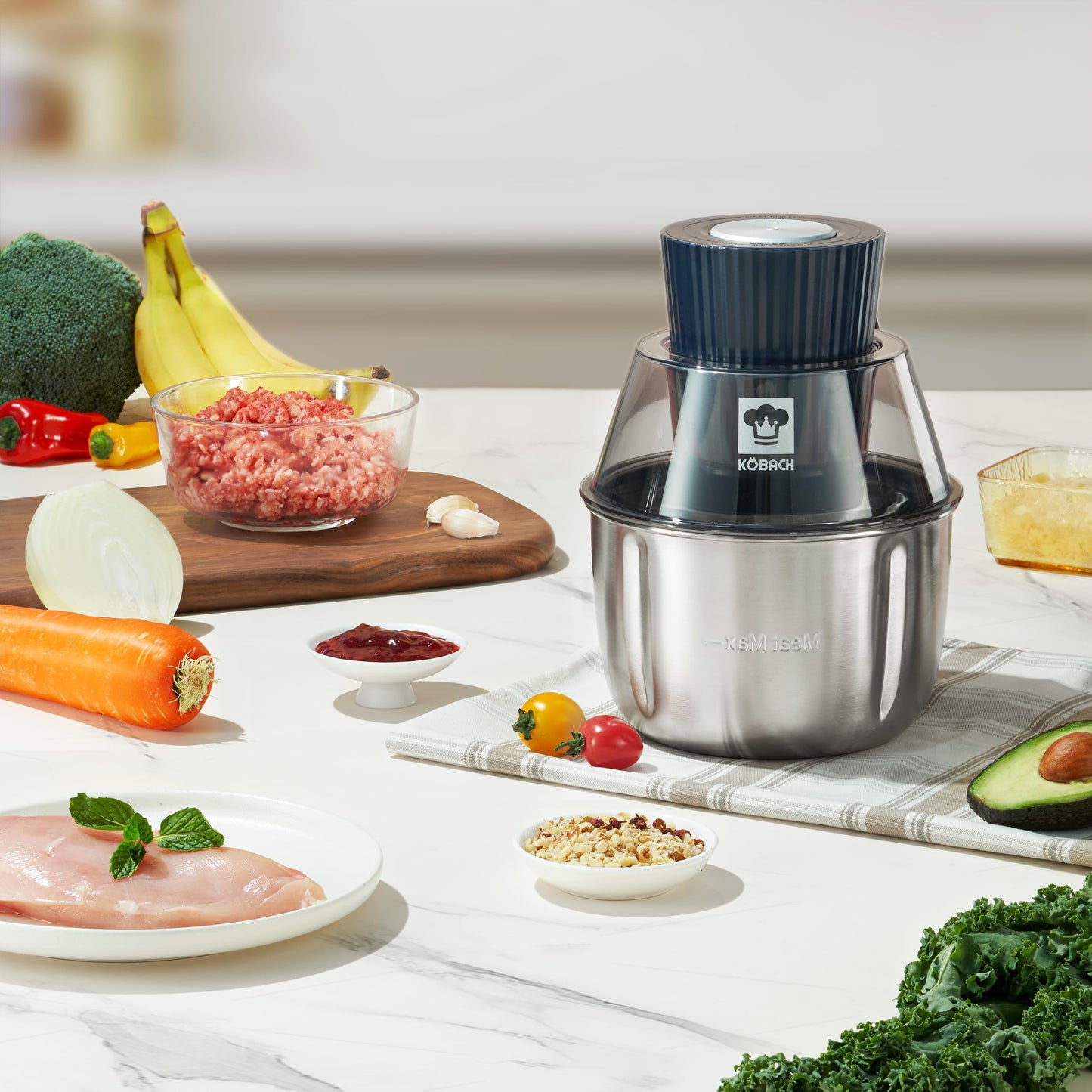 KOBACH Electric Food Processor & Meat Grinder – 1.9 Qt Food Chopper with Pure Copper Motor, Dual-Layer Blades, Procesador de Alimentos Electrico