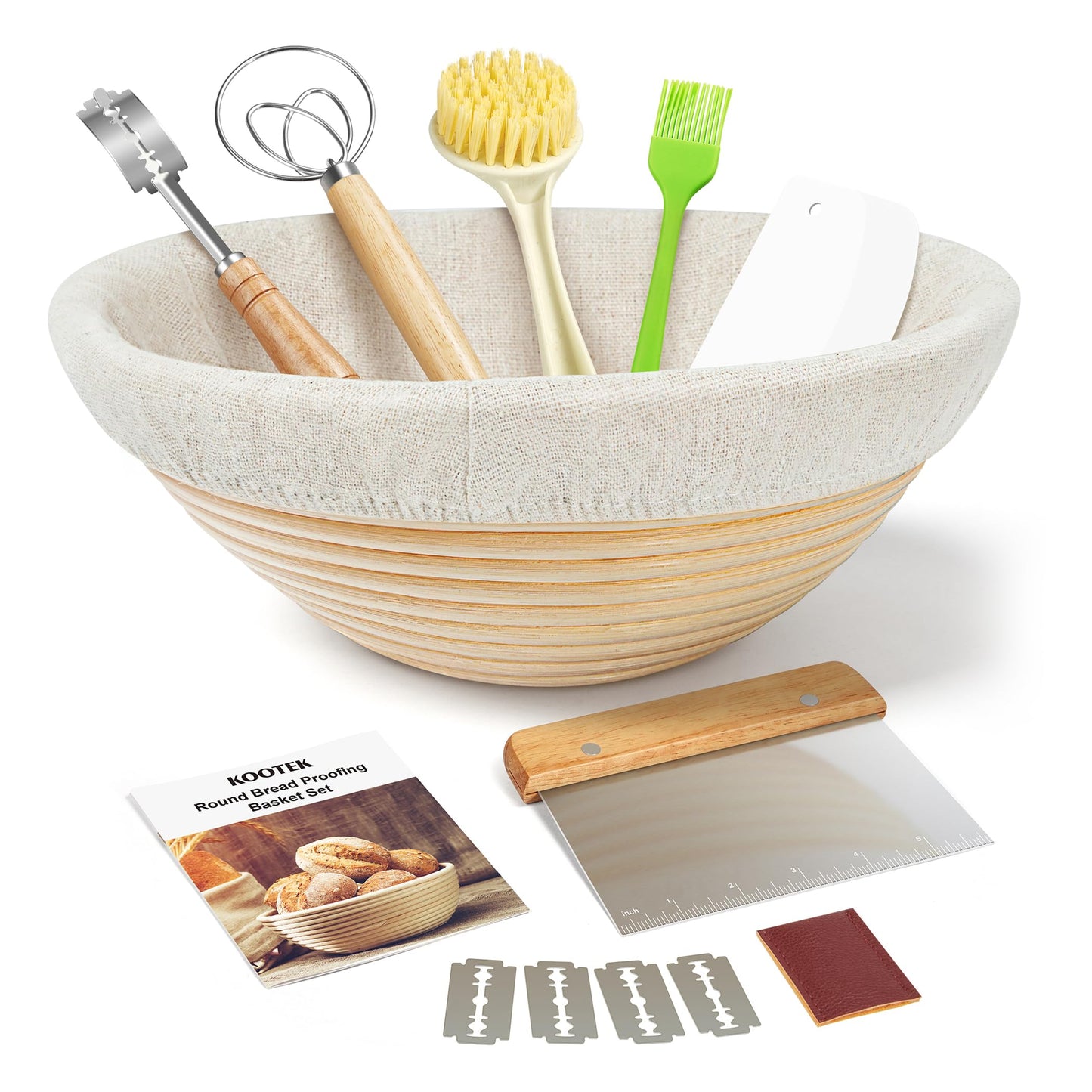 Kootek Banneton Bread Proofing Basket Set of 2, 9 Inch Round Sourdough Starter Kit, Baking Supplies Tools with Dough Whisk, Scoring Lame, and Other Accessories for Artisan Bread Making