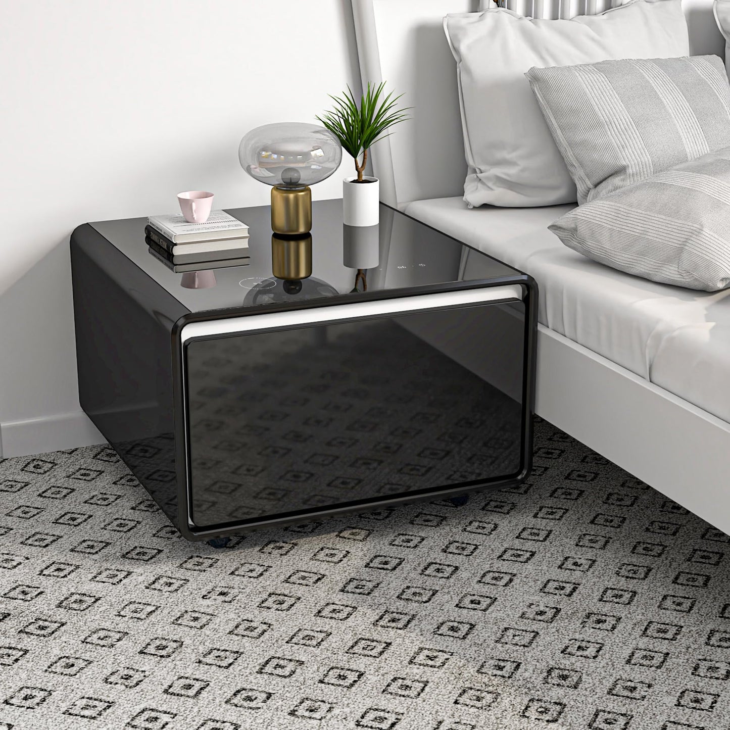 Inteligentny stolik kawowy z lodówką, inteligentny stolik kawowy ze stacją ładowania bezprzewodowego, kontrolą temperatury, gniazdkiem zasilania, portami USB, zabezpieczeniem gniazdka i światłem indukcyjnym, stolik kawowy z lodówką, czarny