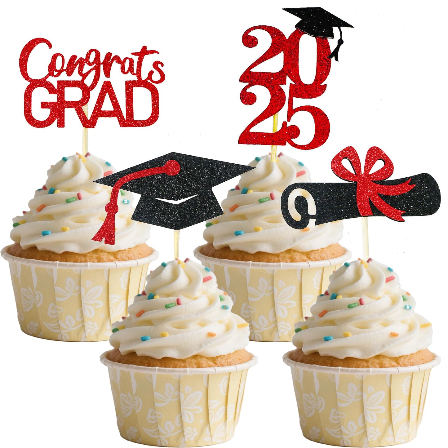 Graduation Cupcake Toppers Decorations Party Supplies, 24 PCS Food/Appetizer Picks For Class of 2025 Mini Cake Decorations, Diploma, Grad Cap Set 24 Pieces (Gold)