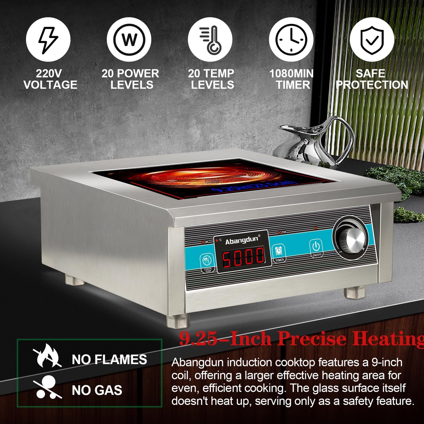 Płyta indukcyjna Abangdun Commercial 5000 W/190 V~275 V, palniki do kuchni komercyjnych, ogrzewanie bez cyrkulacji przy niskiej mocy, 18-godzinny timer, płyta grzewcza do kuchni