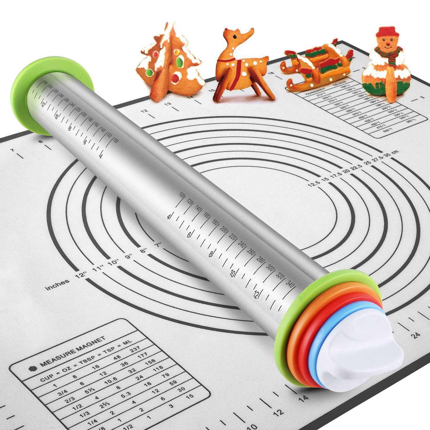 Stainless Steel Rolling Pin and Silicone Mat Set, Adjustable Thickness Rings - For Baking Dough, Pizza, Pies, Pastries, Pasta, Cookies