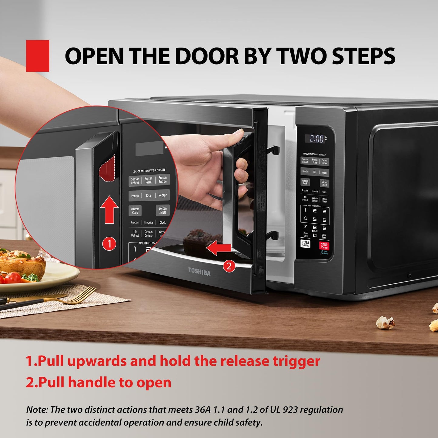 Kuchenki mikrofalowe TOSHIBA EM131A5C-BS do blatu, 1,2 stopy sześciennej, 12,4 cala, wyjmowany talerz obrotowy, inteligentny czujnik wilgotności, 12 automatycznych menu, funkcja wyciszenia, tryb ECO, łatwe czyszczenie wnętrza, kolor czarny, 1100 W