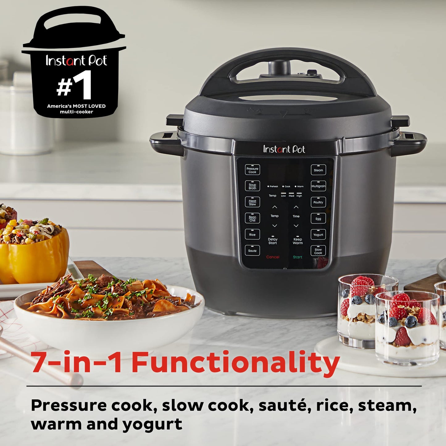 Instant Pot RIO, 7 w 1 elektryczny multicooker, szybkowar, wolnowar, urządzenie do gotowania ryżu, parowar, urządzenie do smażenia, jogurtownica i podgrzewacz, zawiera aplikację z ponad 800 przepisami, 6 litrów