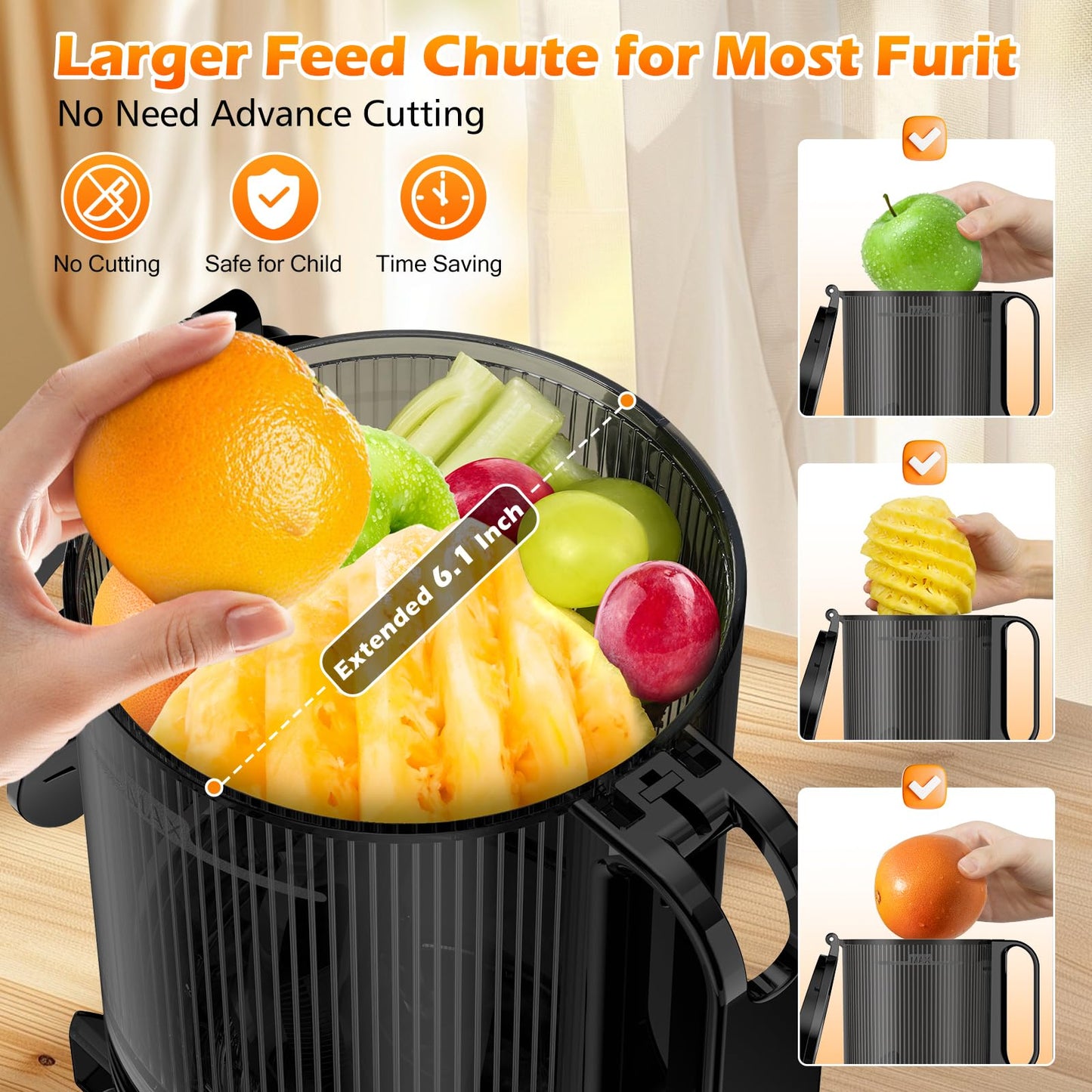 Wyciskarki do soku z 6,1-calowym bardzo dużym otworem wsadowym, wyciskarka do soku na zimno do całych warzyw i owoców, 350 W profesjonalna wyciskarka ślimakowa, łatwa do czyszczenia do wyciskania w partiach (szary tytanowy)