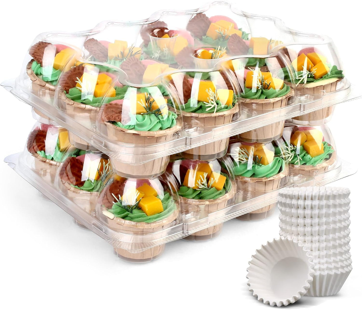 LotFancy Cupcake Containers 12 Count, 12 Sets, Plastic Dozen Cupcake Boxes, Disposable Cupcake Carrier Holder with Detachable Tall Dome Lid, BPA Free, Standard Size