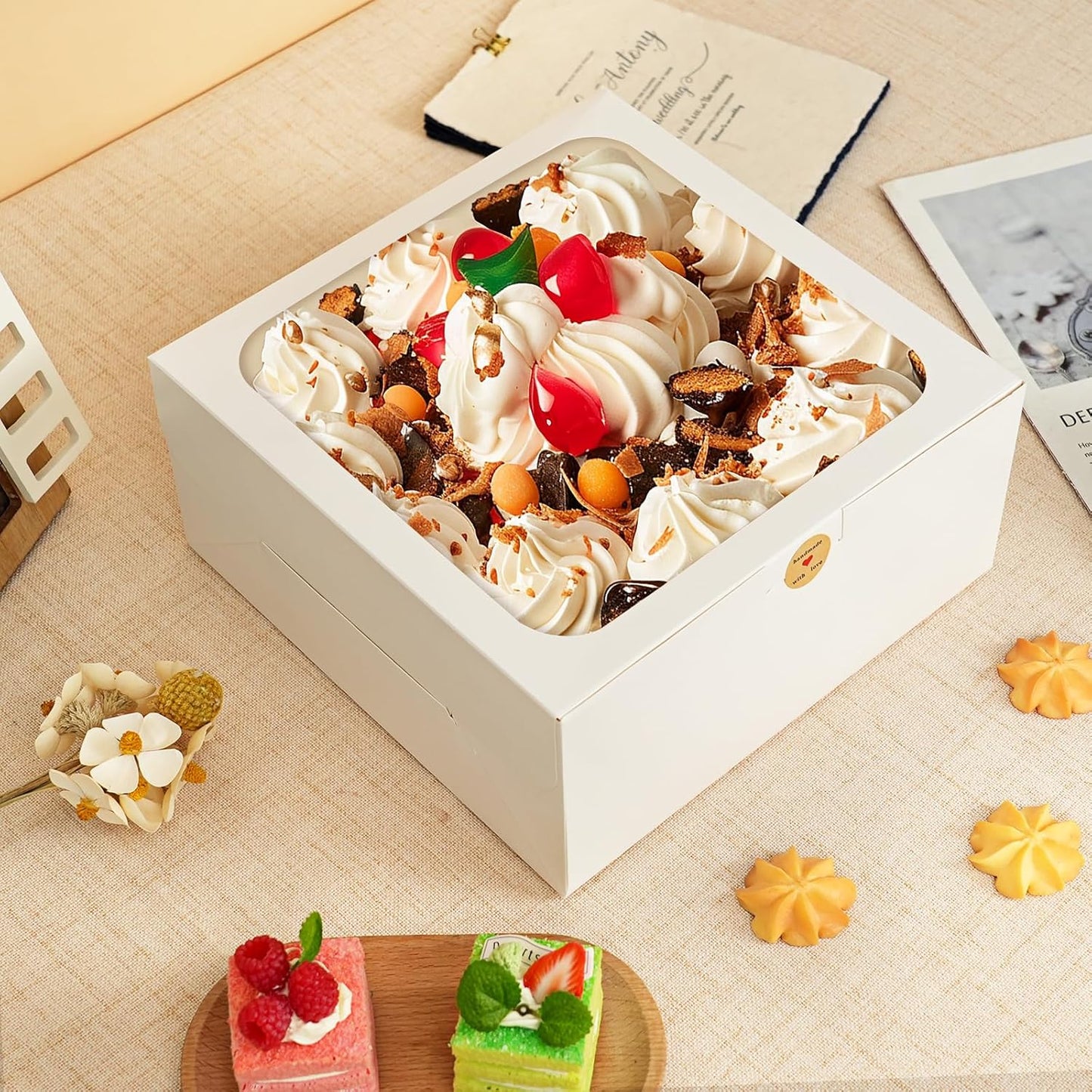 Moretoes 4 Pack Cake Boxes with Window, 10x10x5 Inches White Bakery Containers, 10 Inch White Cake Carrier, Disposable Bakery Boxes for Valentine's Day Mother's Day Cake Cupcake Cookie Pie Pastry