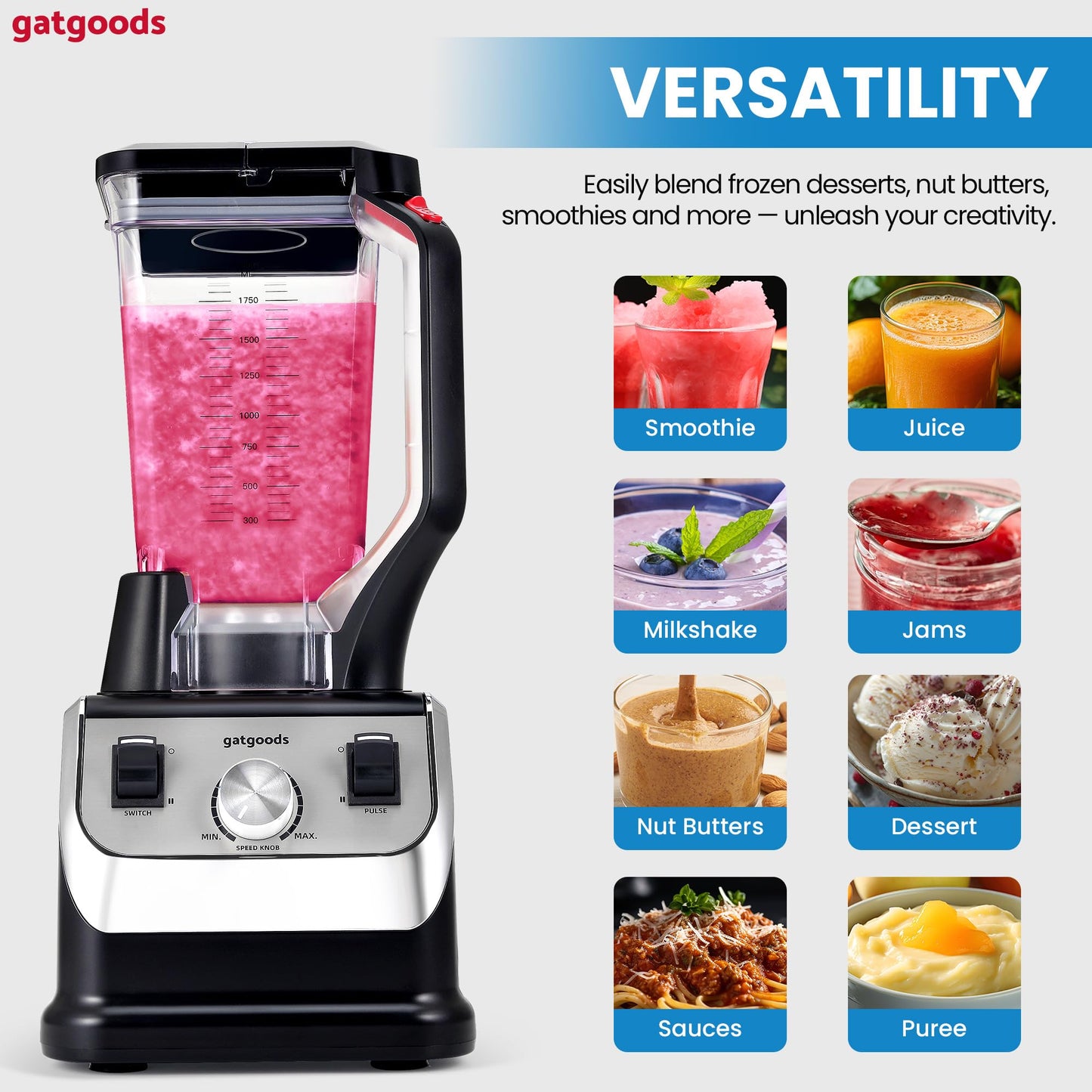 GATGOODS 72 Oz Duży Blender - 2200 W Profesjonalny Blender, Blender do Smoothie, Wysokoobrotowy Blender Komercyjny, Blendery do Kuchni, Wytrzymały, Samoczyszczący, Zmienna Prędkość, Można Myć W Zmywarce