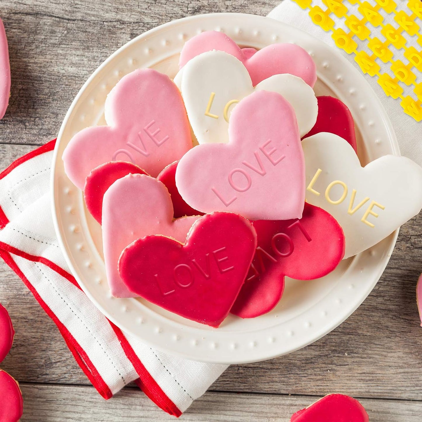 225 Pcs Alphabet Number Punctuation Cookie Letter Biscuit Stamp Cookie Letters Stamp Set Including alphabet Lower and Upper Case for biscuit decor Embosser Cutter Fondant DIY Tool(Yellow, Pink)