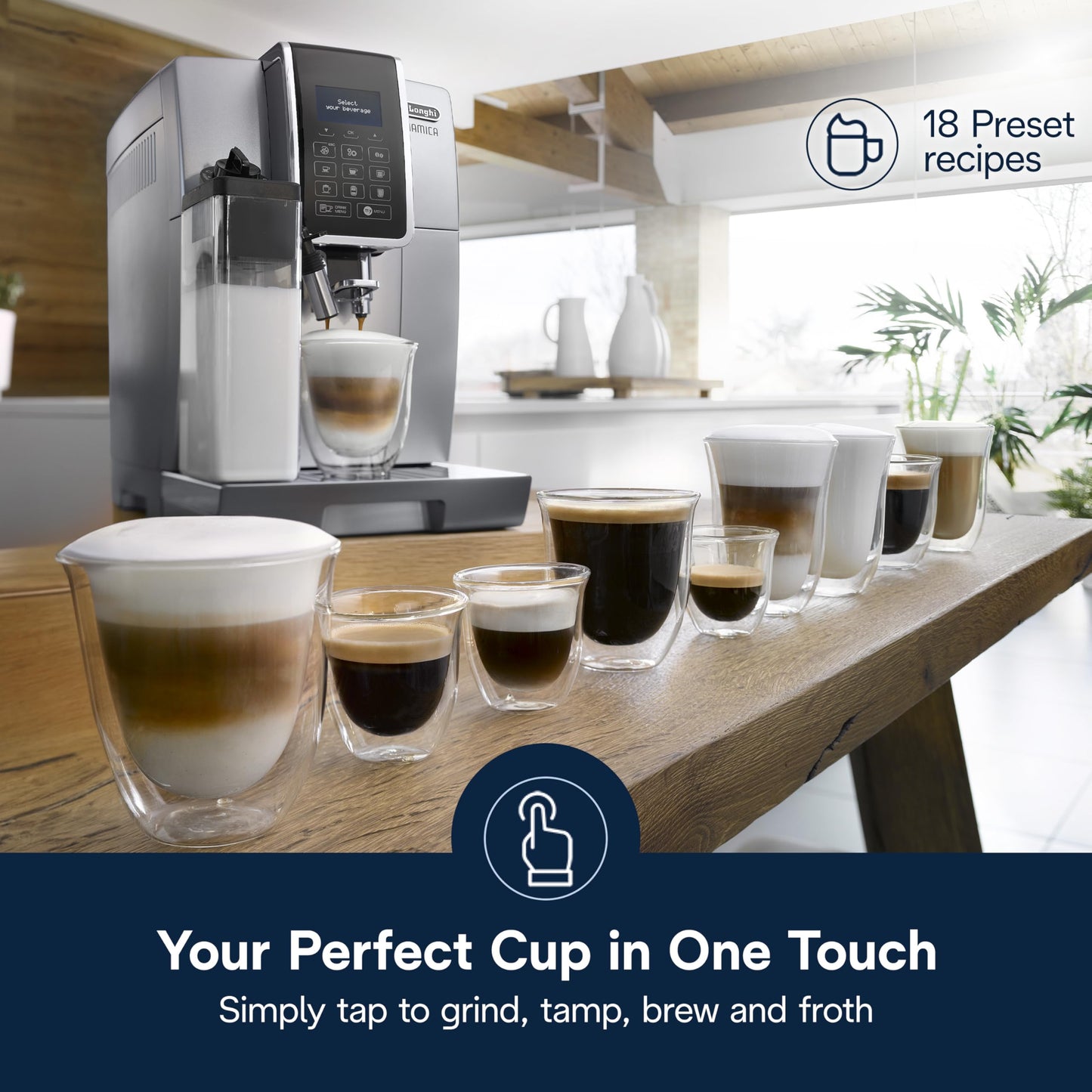 Ekspres do kawy De'Longhi Dinamica LatteCrema z automatycznym spieniaczem do mleka do latte, cappuccino, wbudowany młynek, srebrny, ECAM35075SI