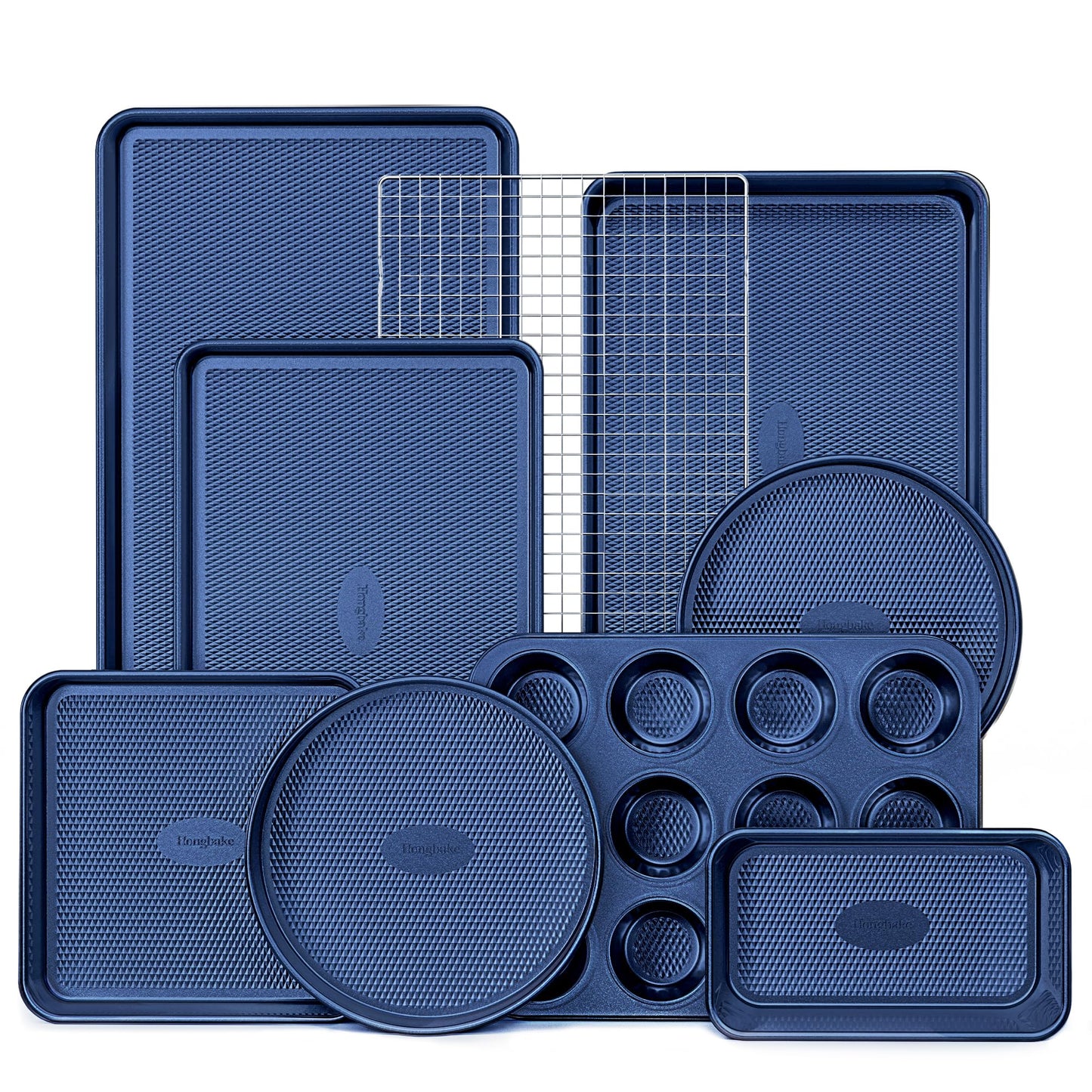 HONGBAKE 9-Piece Baking Pans Set Nonstick, Stackable Non Toxic Bakeware Sets with Diamond Texture, Oven Pan Set for Cooking, Includes Cookie Sheet with Rack, Cake Pan, Roasting Pan, Muffin Tin, Gold